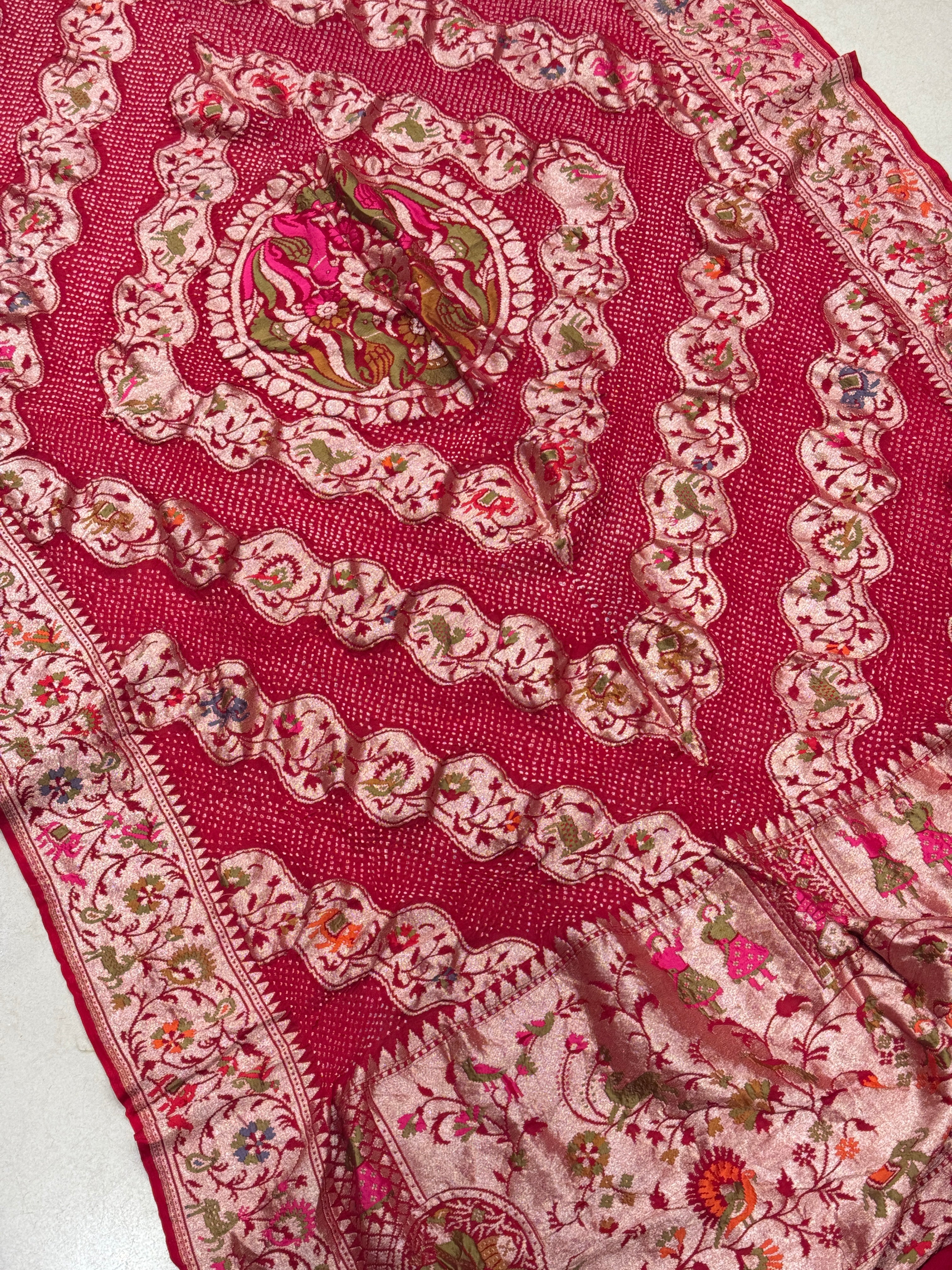 Red Leheriya Style Handloom Meenakari Rai Bandhej Pure Zari Dupatta