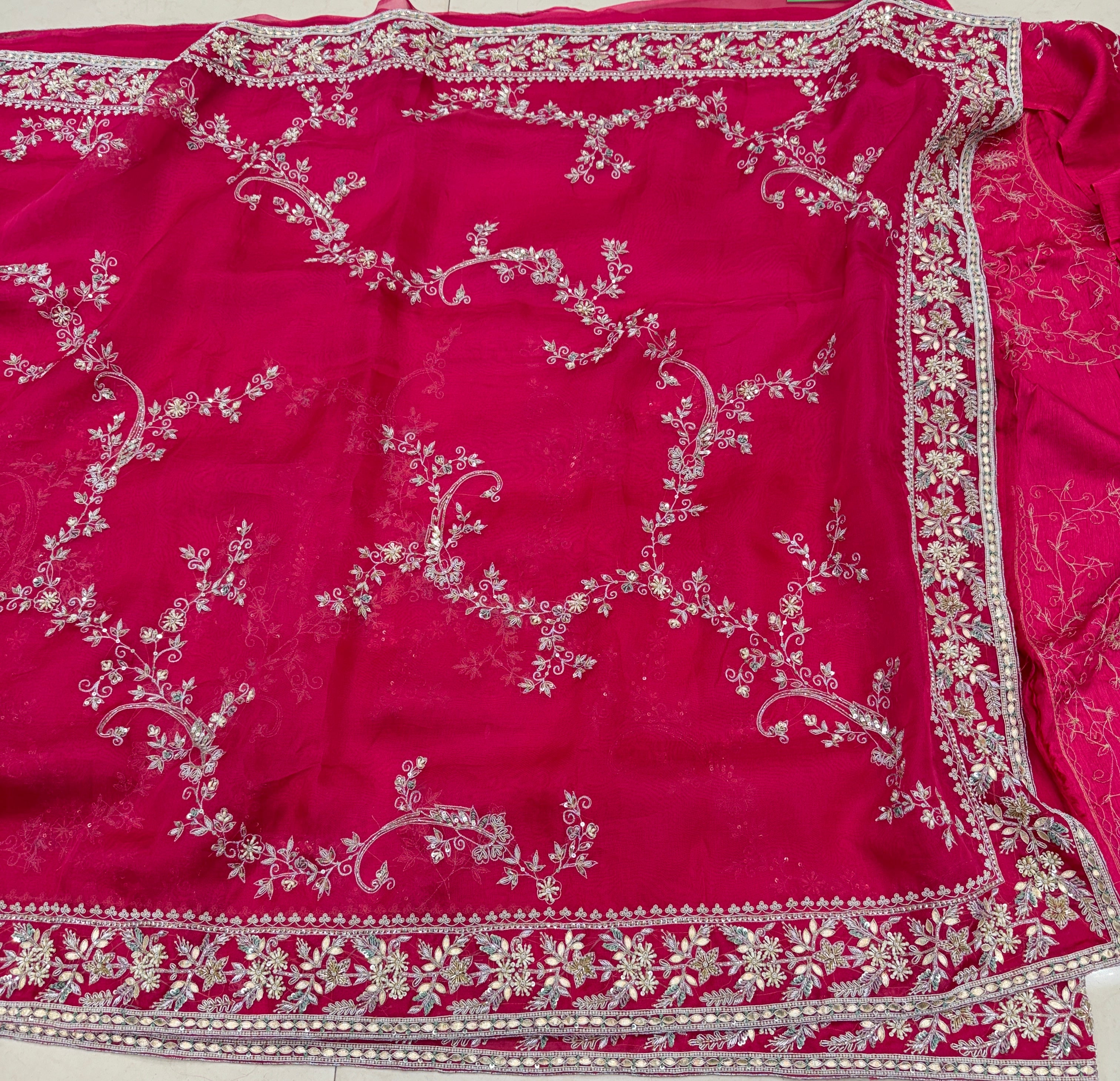 Rani Pink Organza Zardosi Gota Resham Hand Embroidery Saree