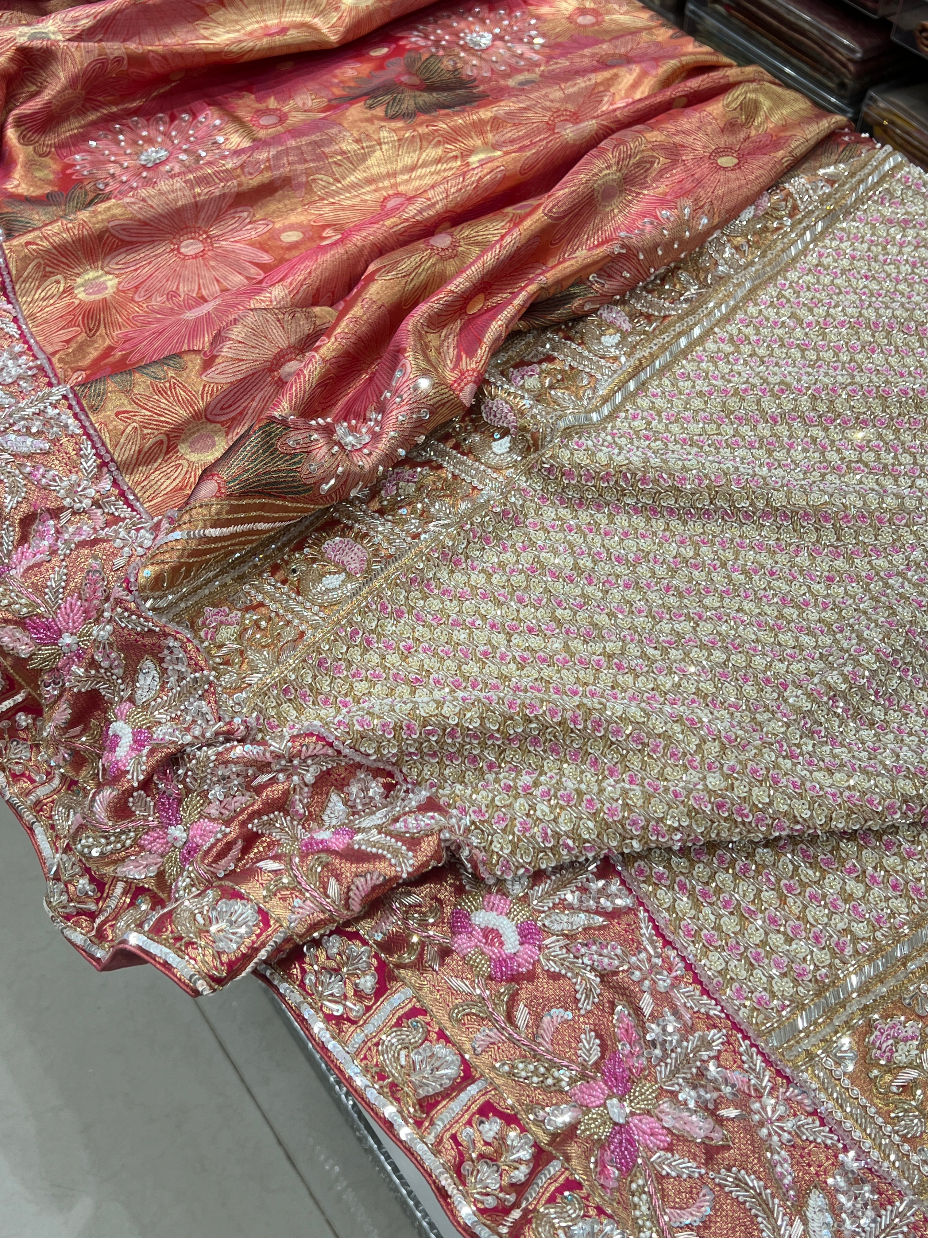 Floral Kanjivaram Moti Zardosi Hand Embroidery Saree