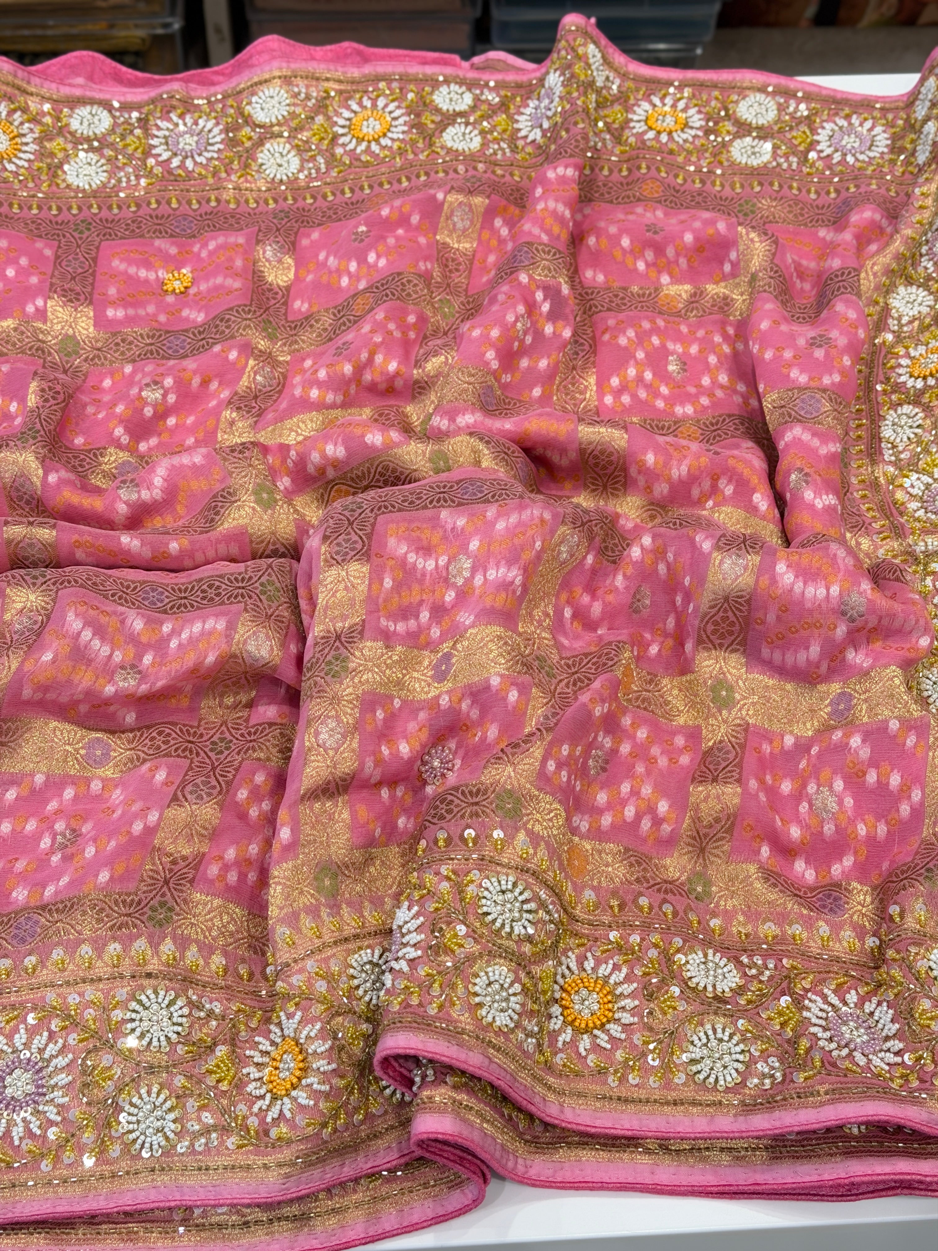 Pink Gharchola without Figures Moti Sequin Zardosi Hand Embroidery Georgette Saree