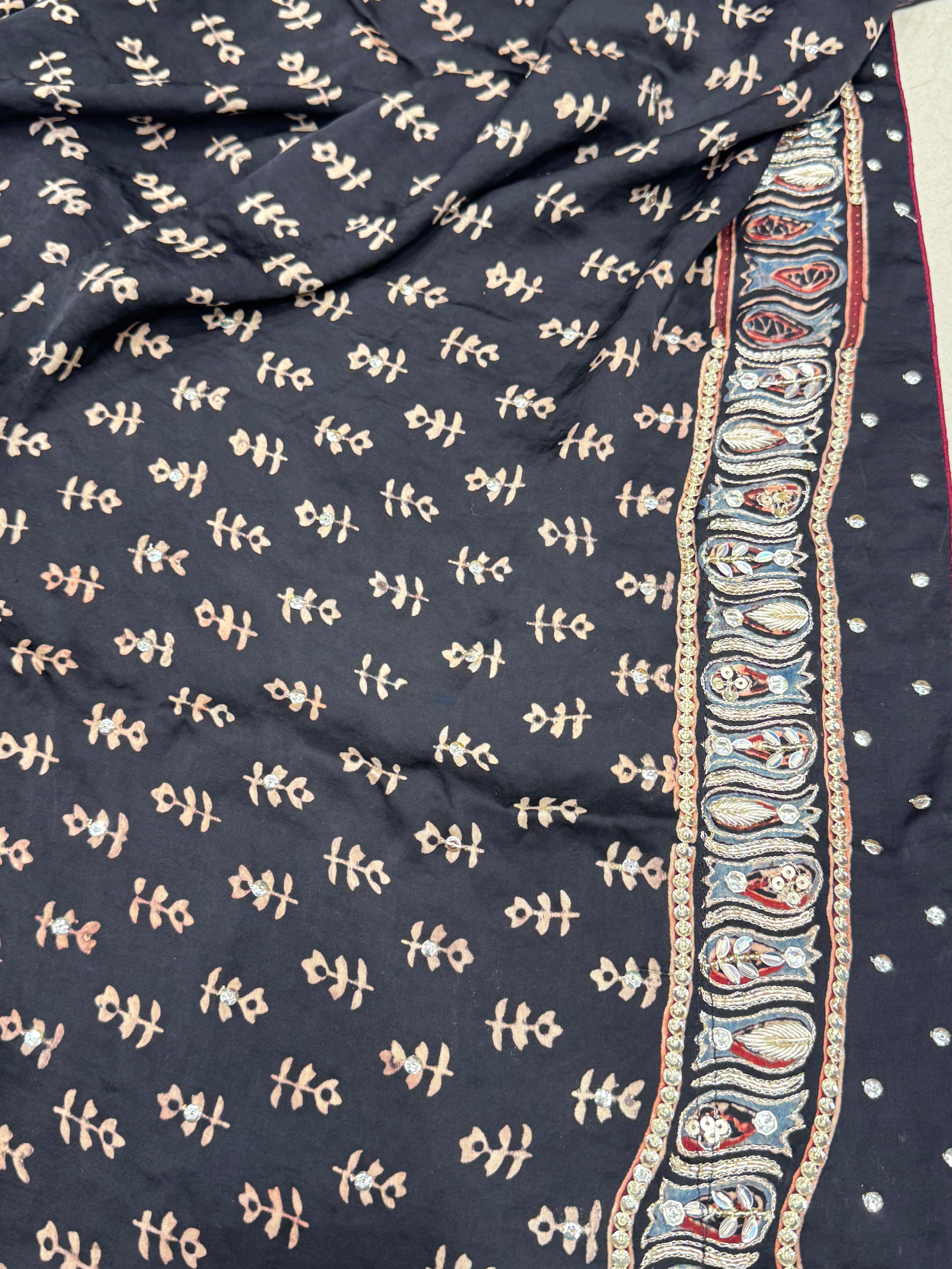 Ajrakh Black Badam Jaal Hand Embroidery Zardosi and Pita Work