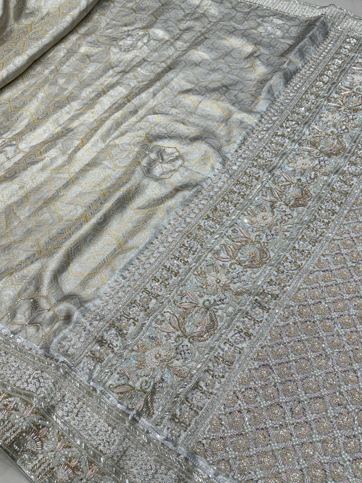 Silver Kanjivaram Three Zari Hand Embroidery Zardosi Moti Sequin Saree