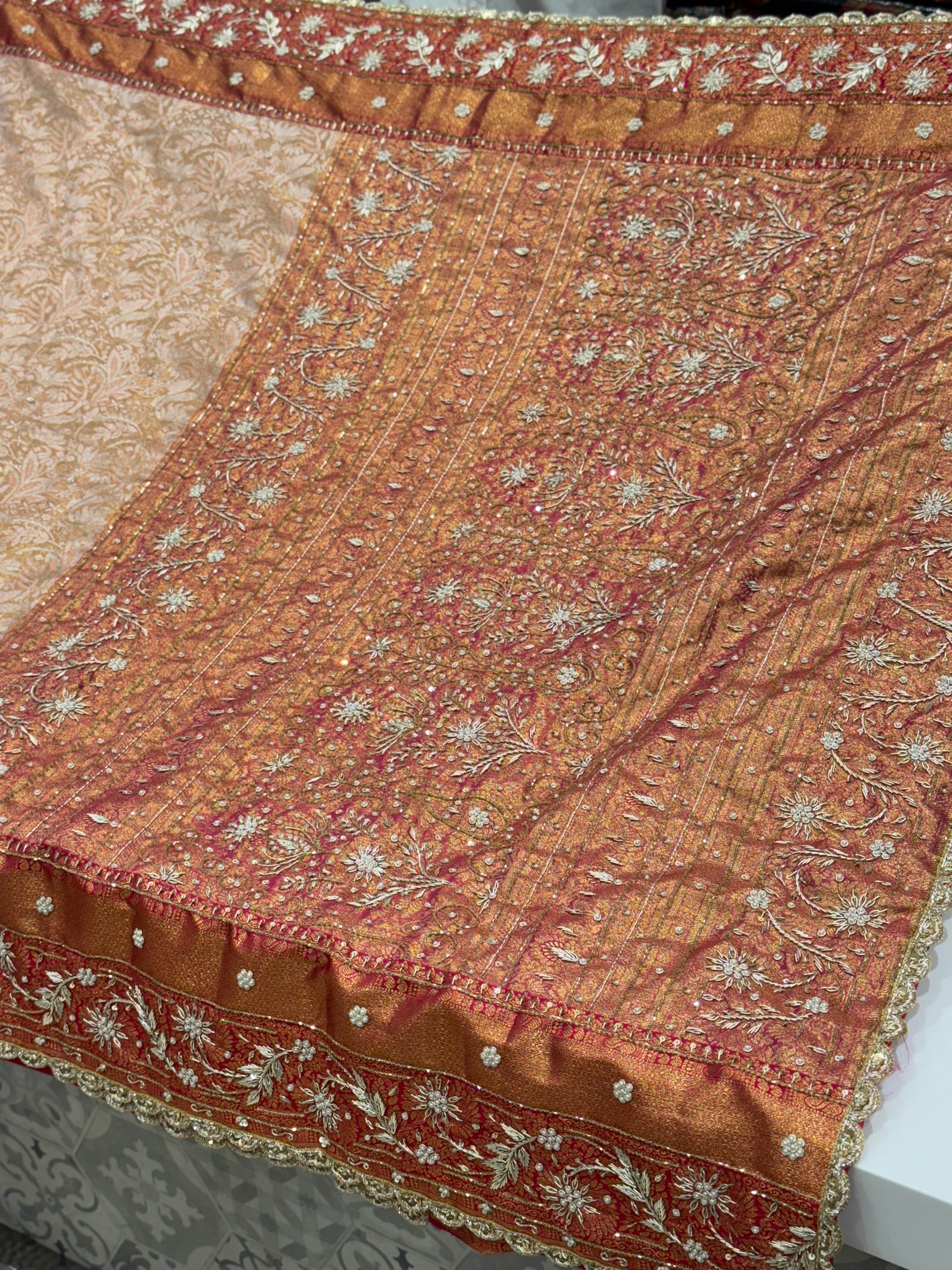 Peach Tissue Kanjivaram Hand Embroidery Saree
