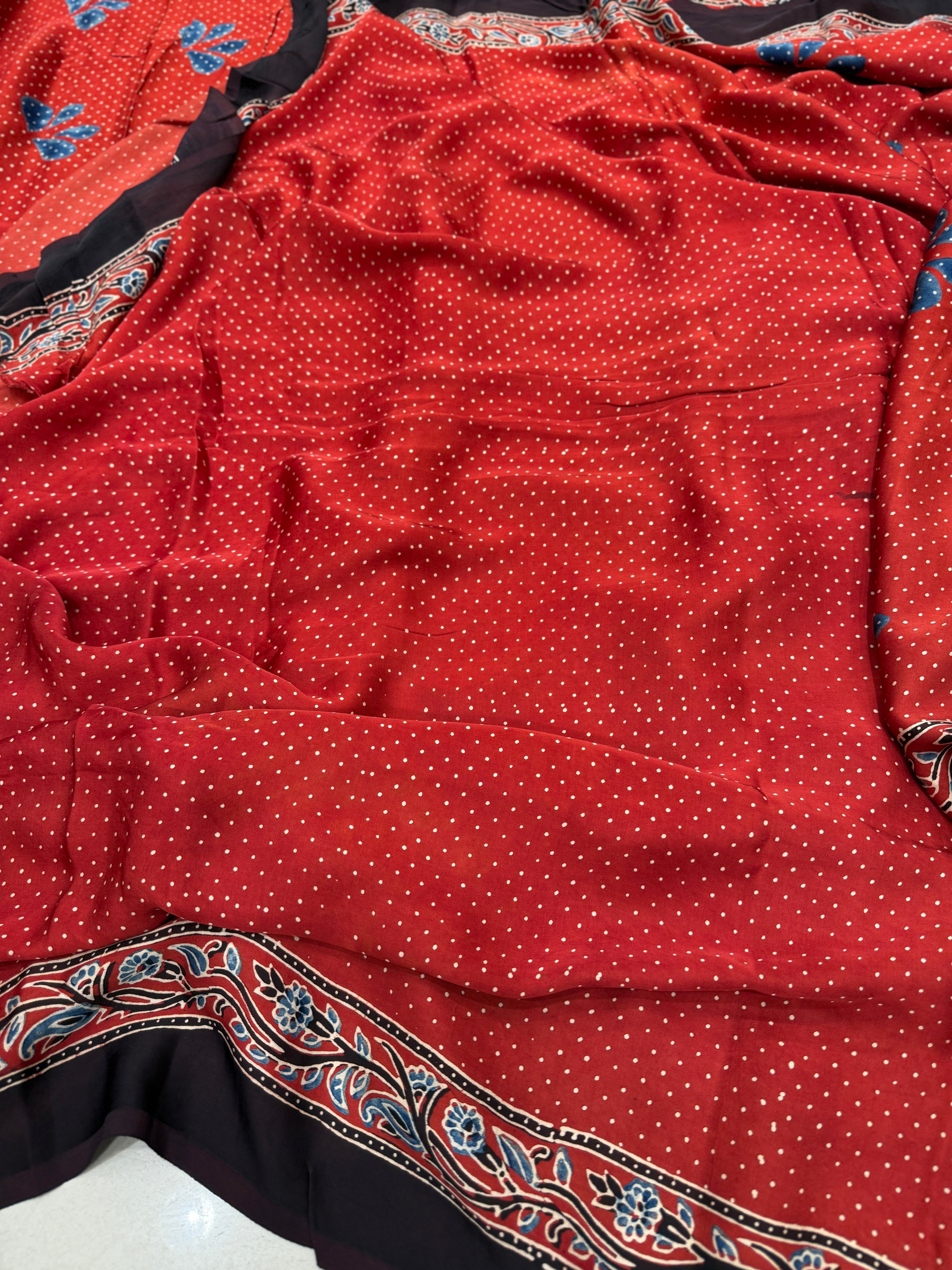 Red Makhi Butti Ajrakh Modal Gajji Silk Saree