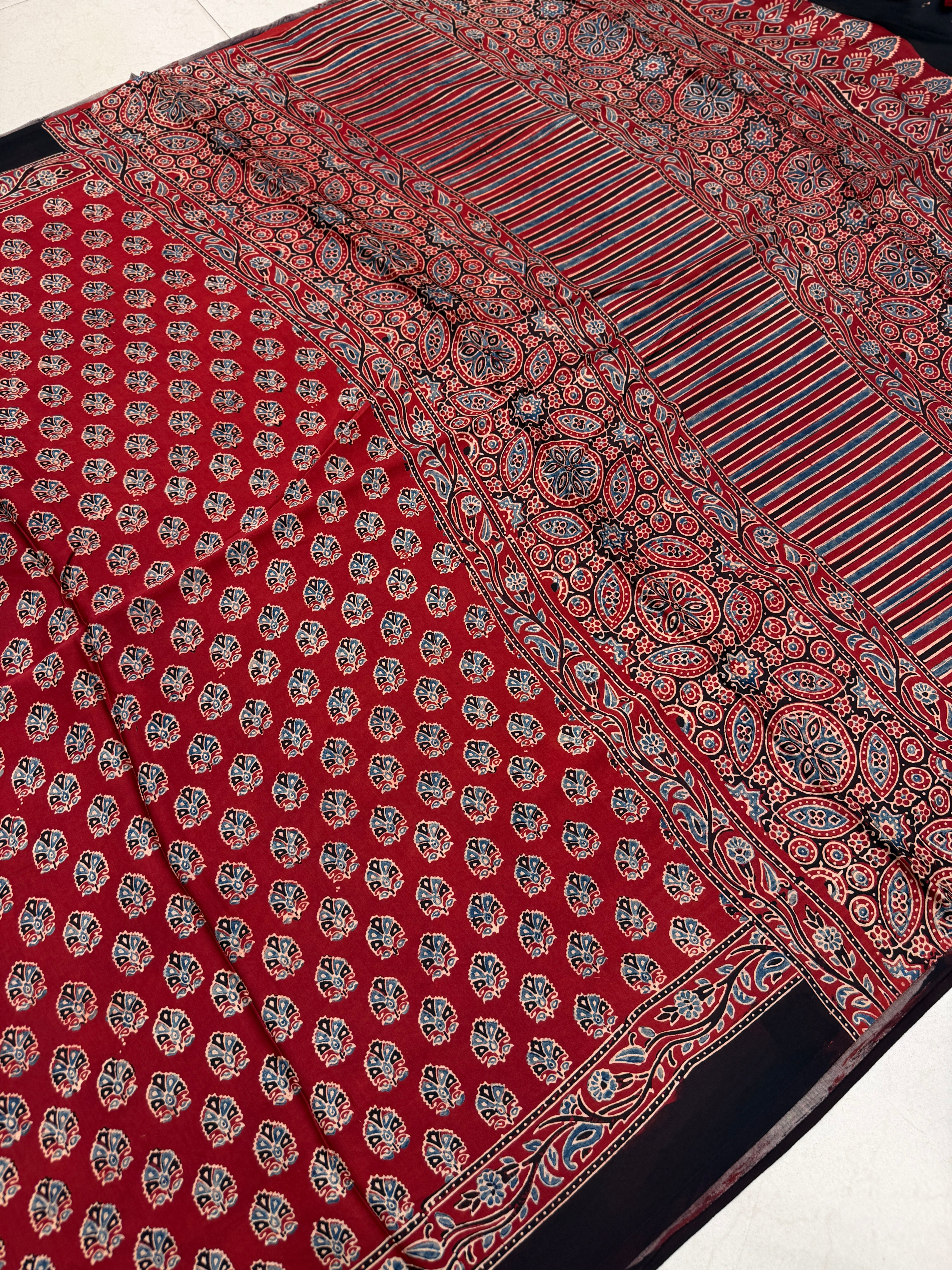 Red Keri Buttas Ajrakh Block Print Hand Pure Gajji Silk Saree