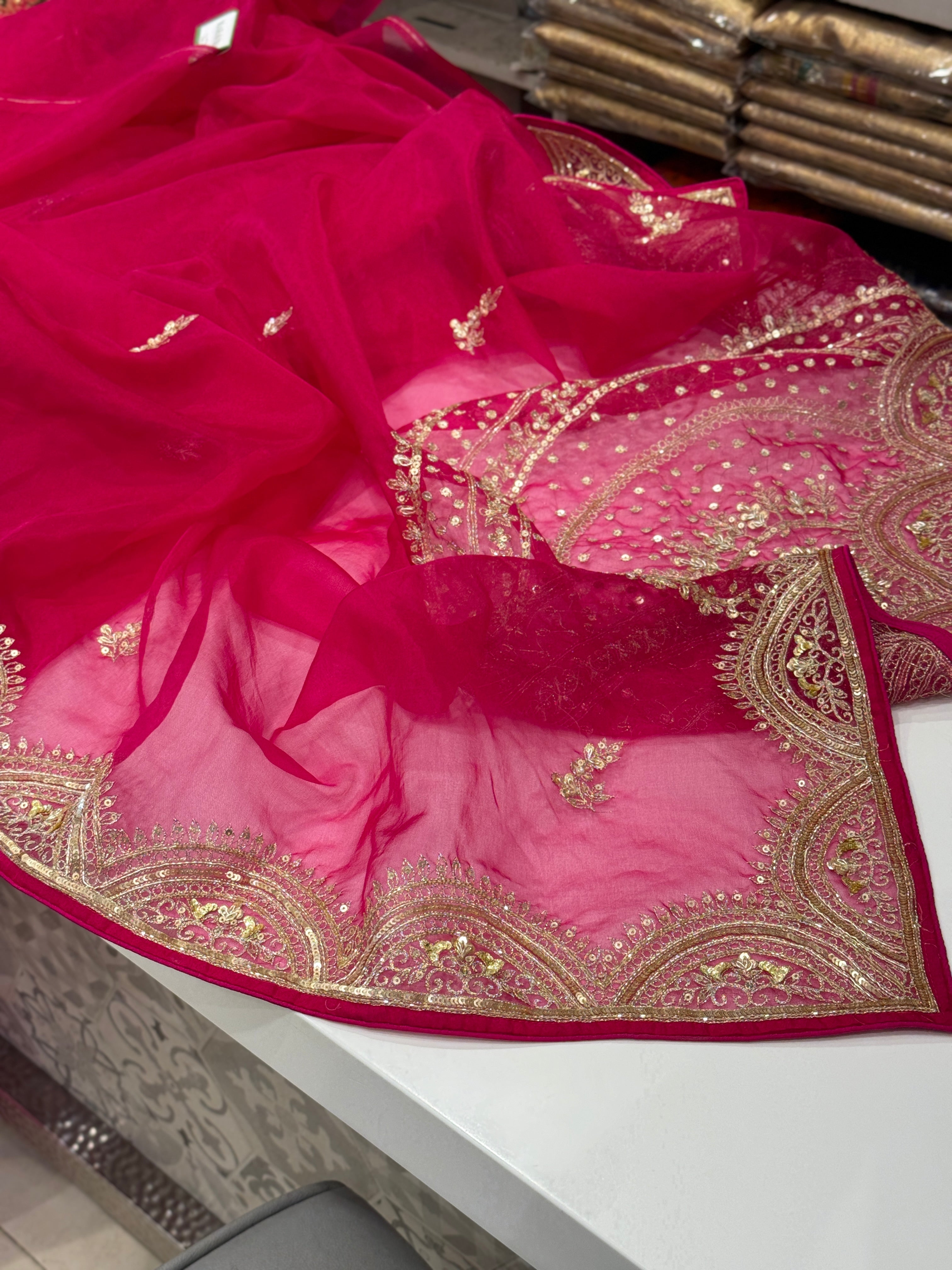 Rani Pink Organza Pita Embroidery Shoulder Butta Saree