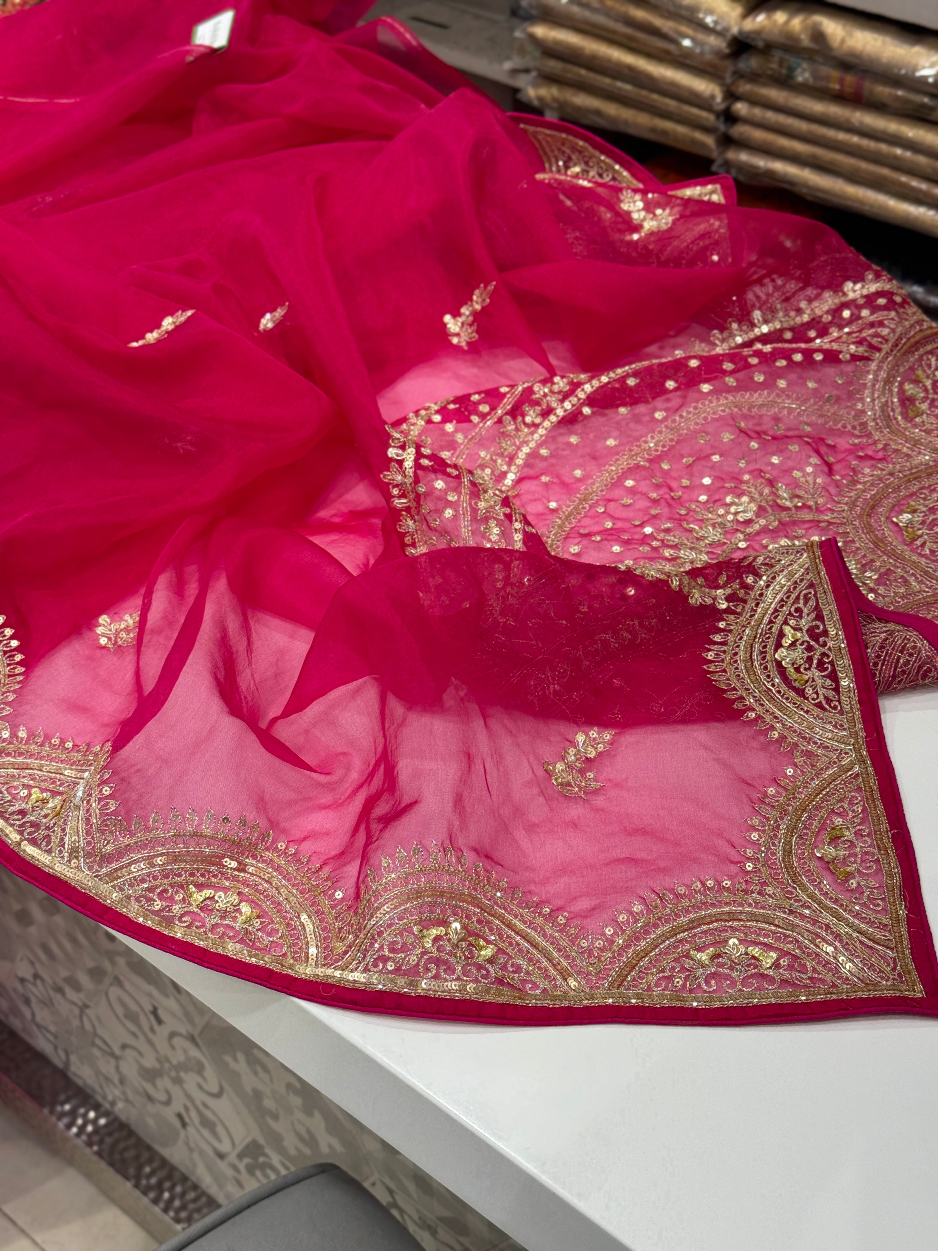 Rani Pink Organza Pita Embroidery Saree