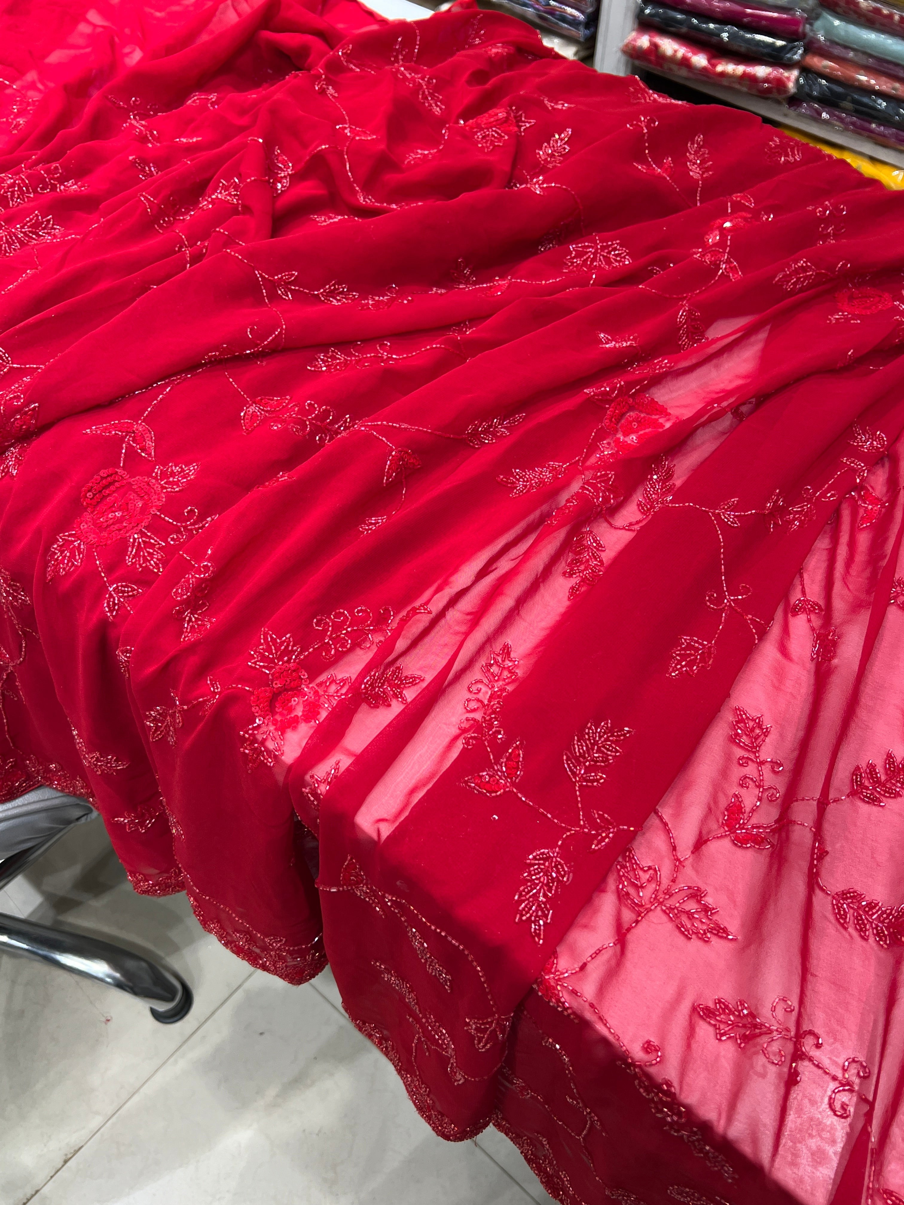 Red on Red Georgette Hand Embroidered Jaal