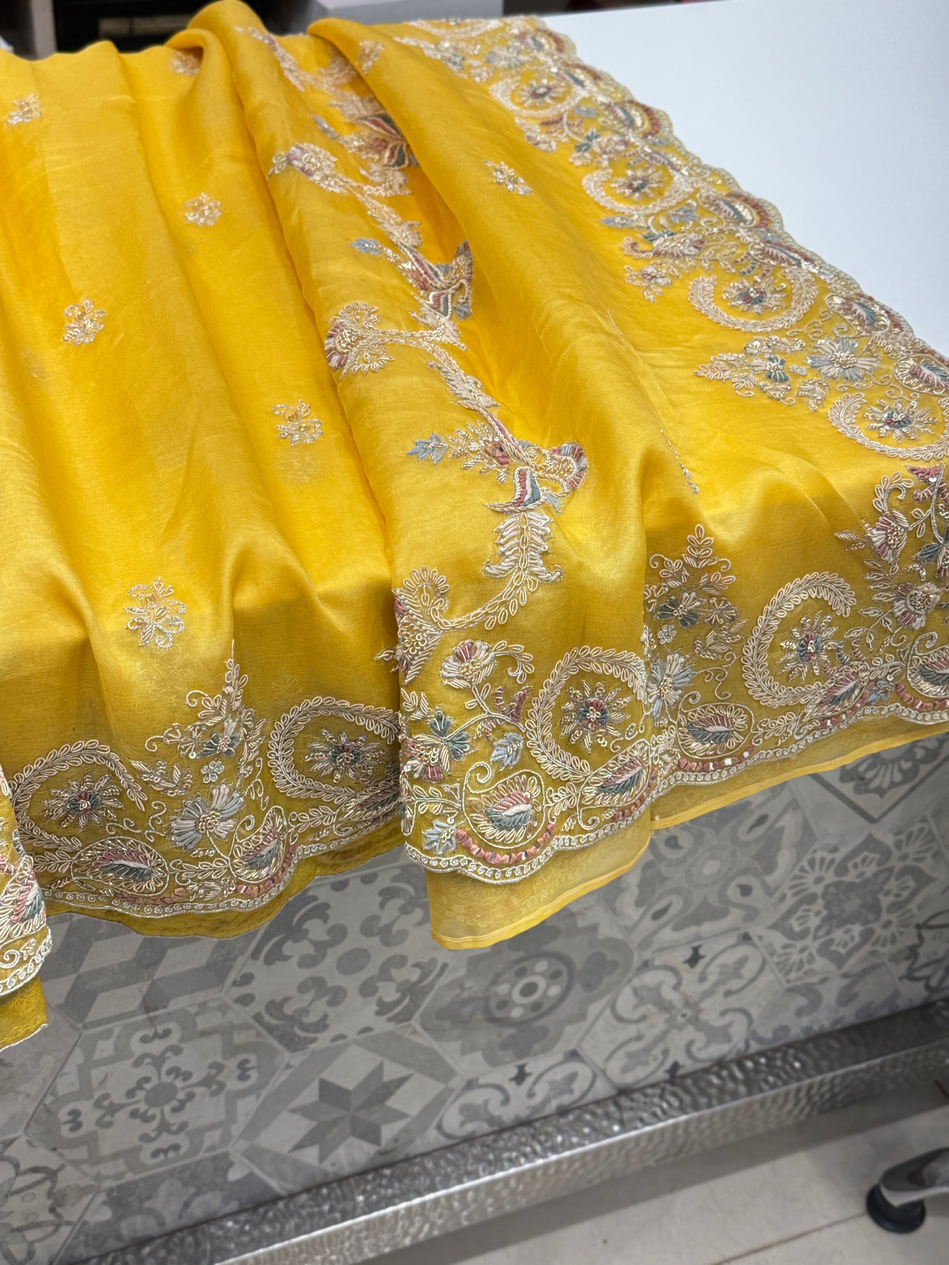 Yellow Organza Zardosi Resham Embroidery Saree