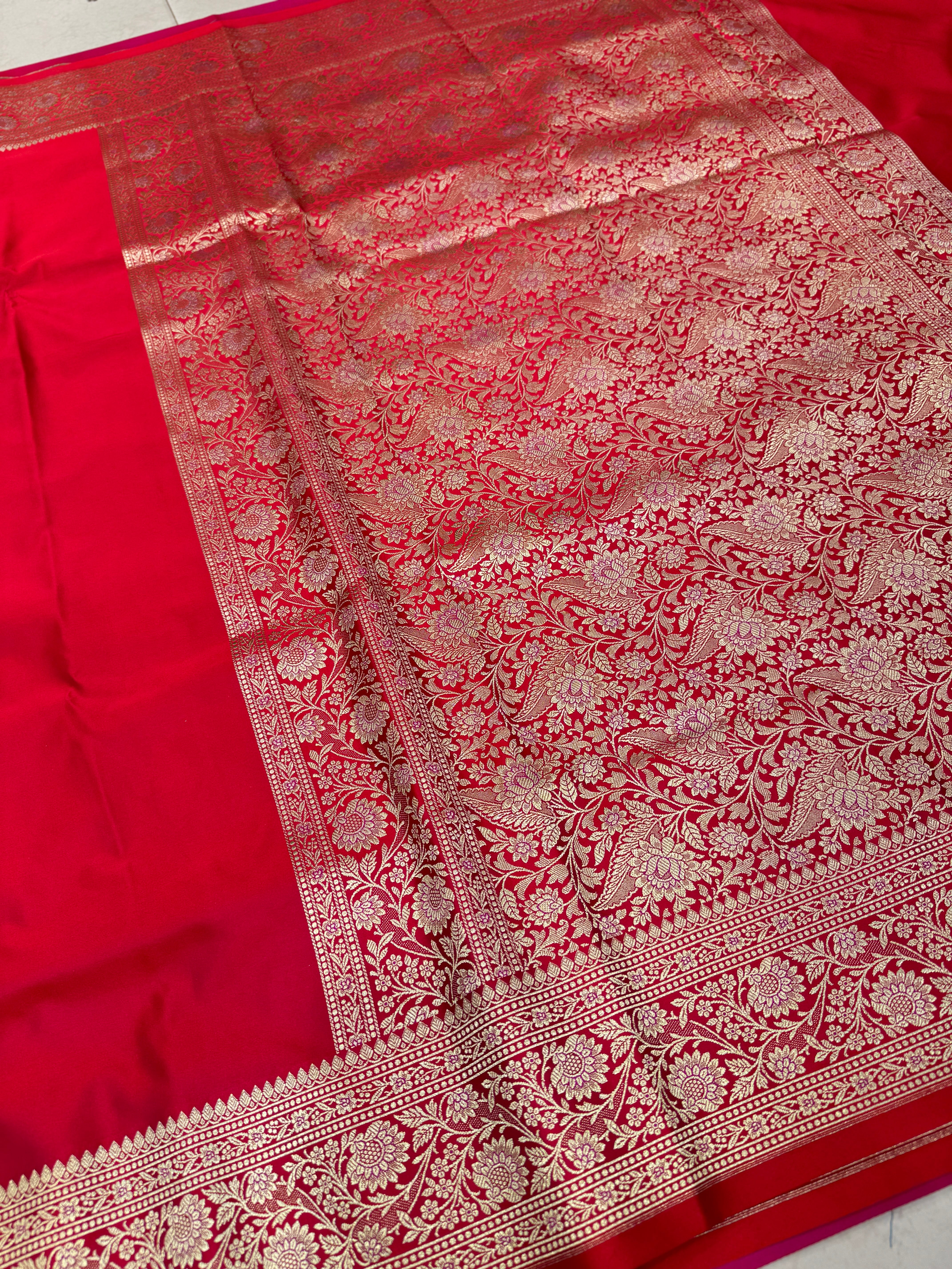 Red Banarasi Silk Plain Upside Down Border Saree