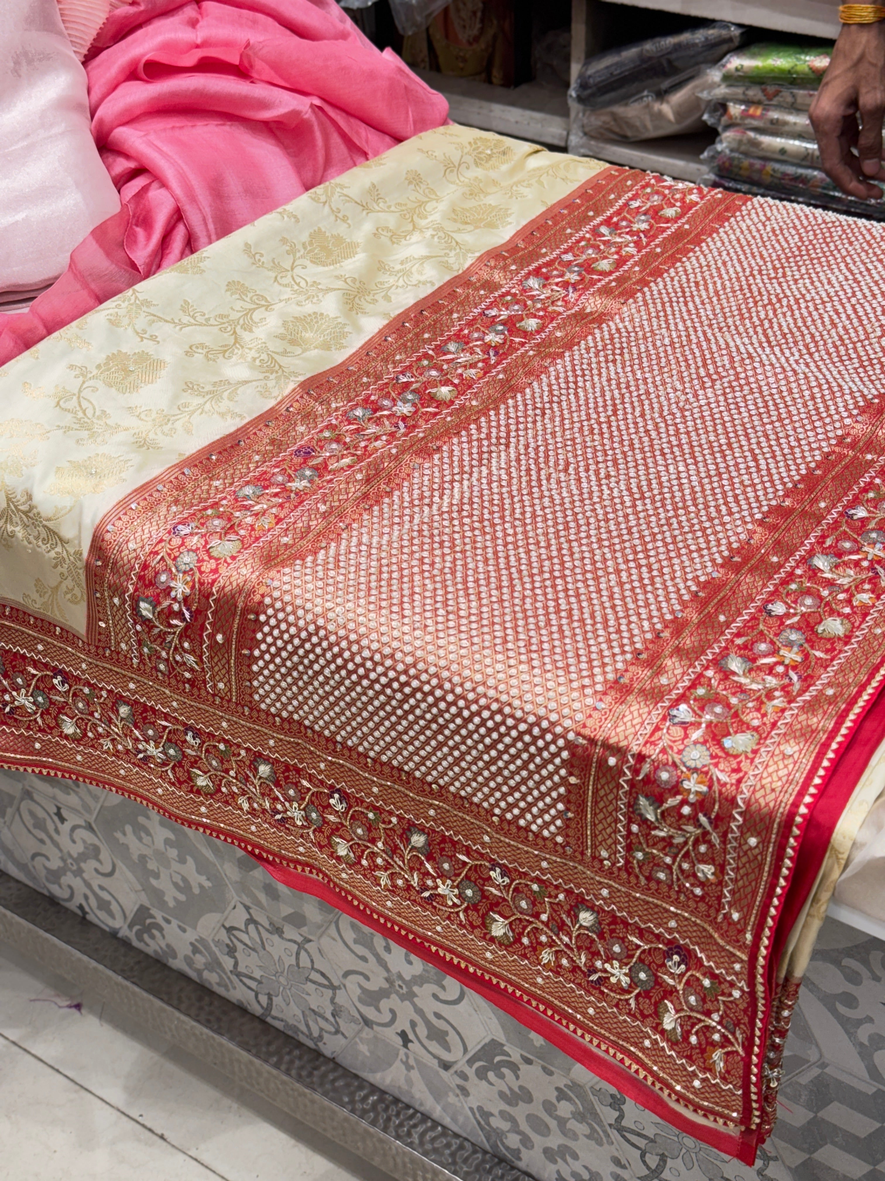 Beige Red Banarasi Border Hand Embroidery Saree