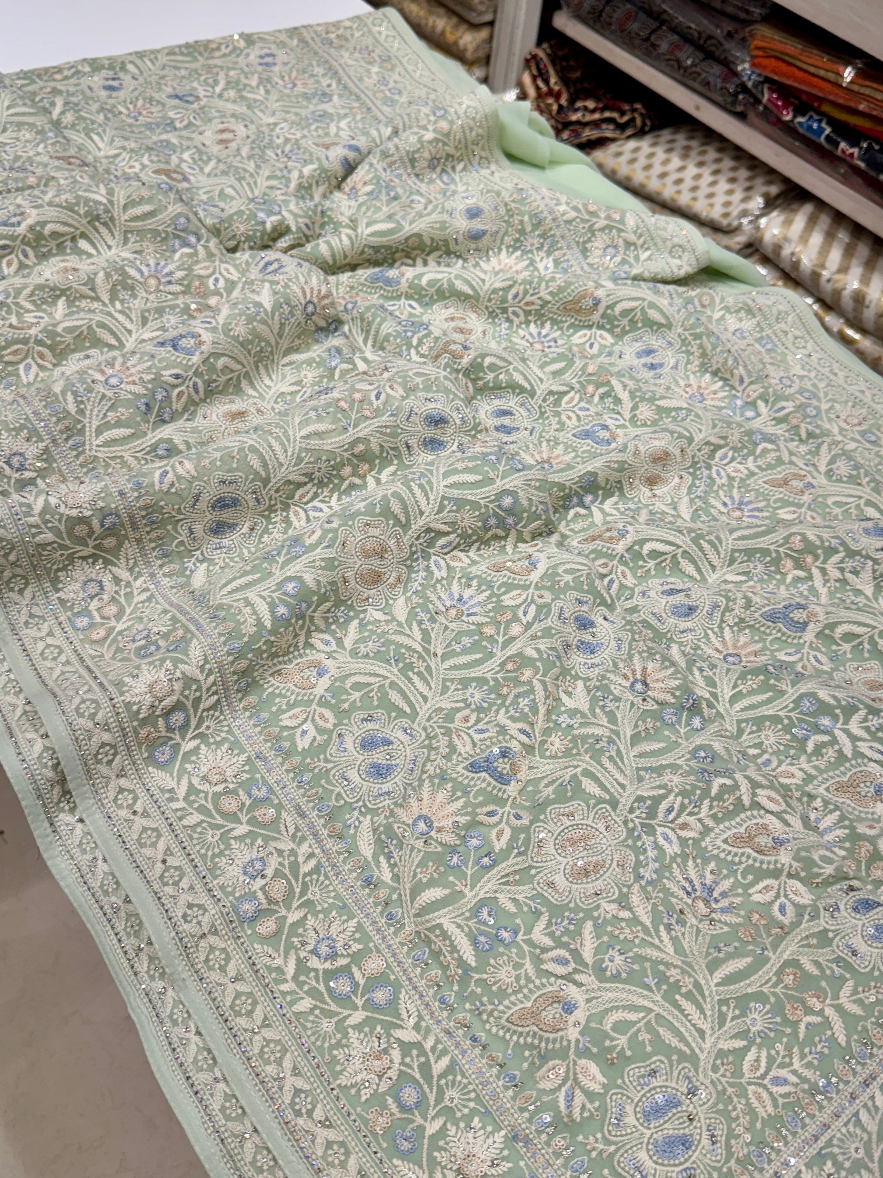 Pista Green Chikankari Saree