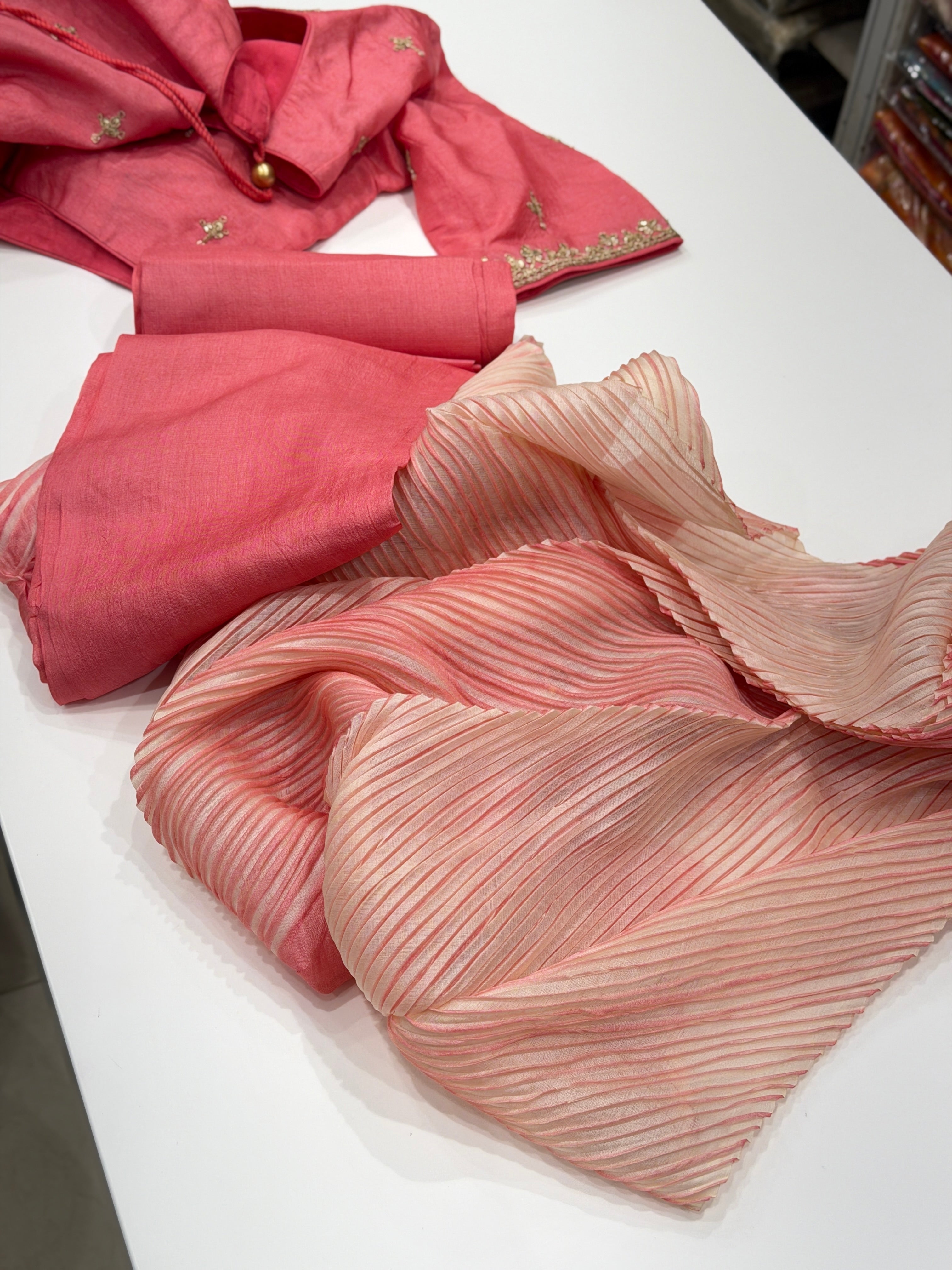 Pink Crushed Tussor with Ready Blouse Saree