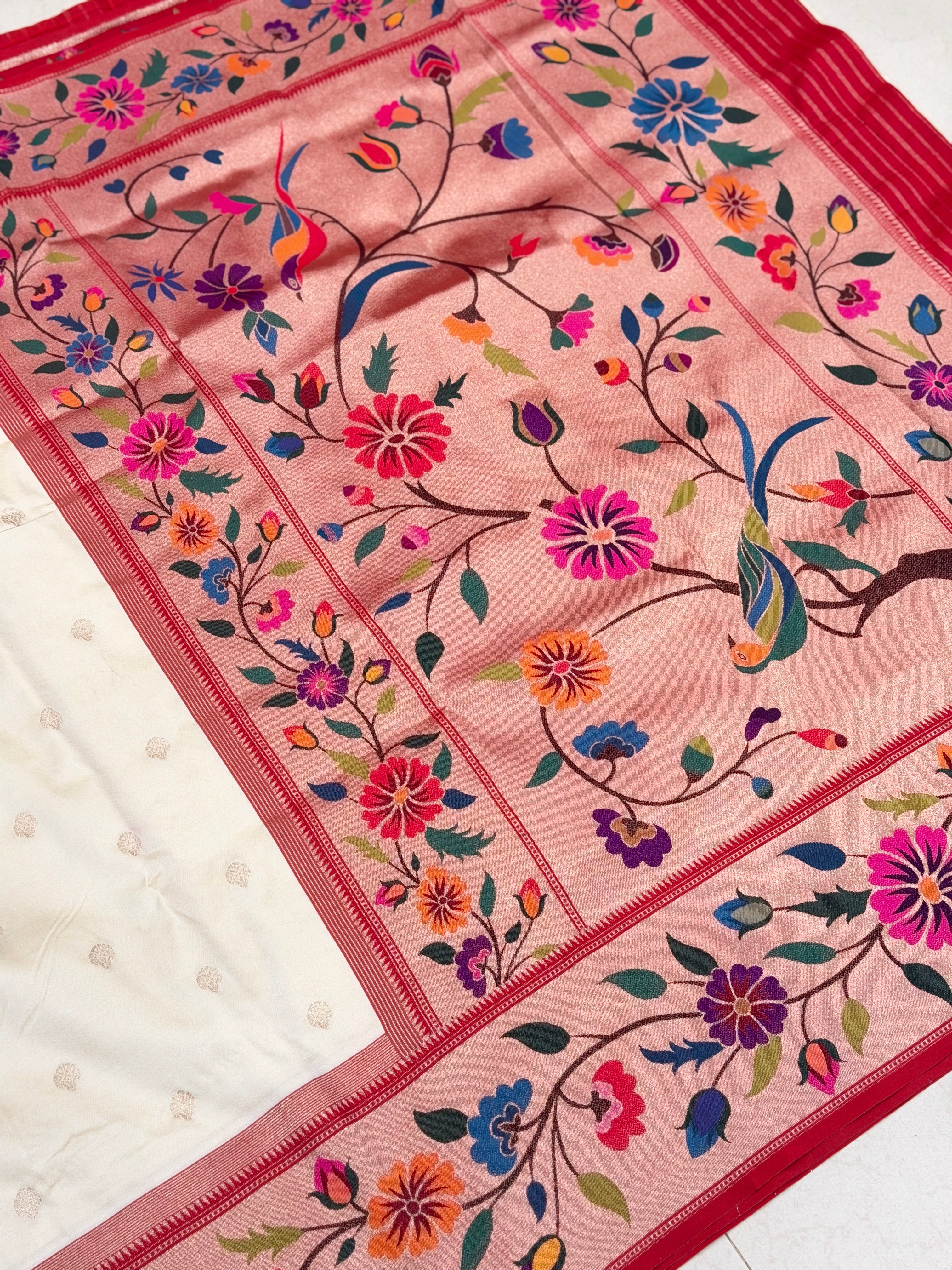 Moti White Floral Border Paithani Silk Saree