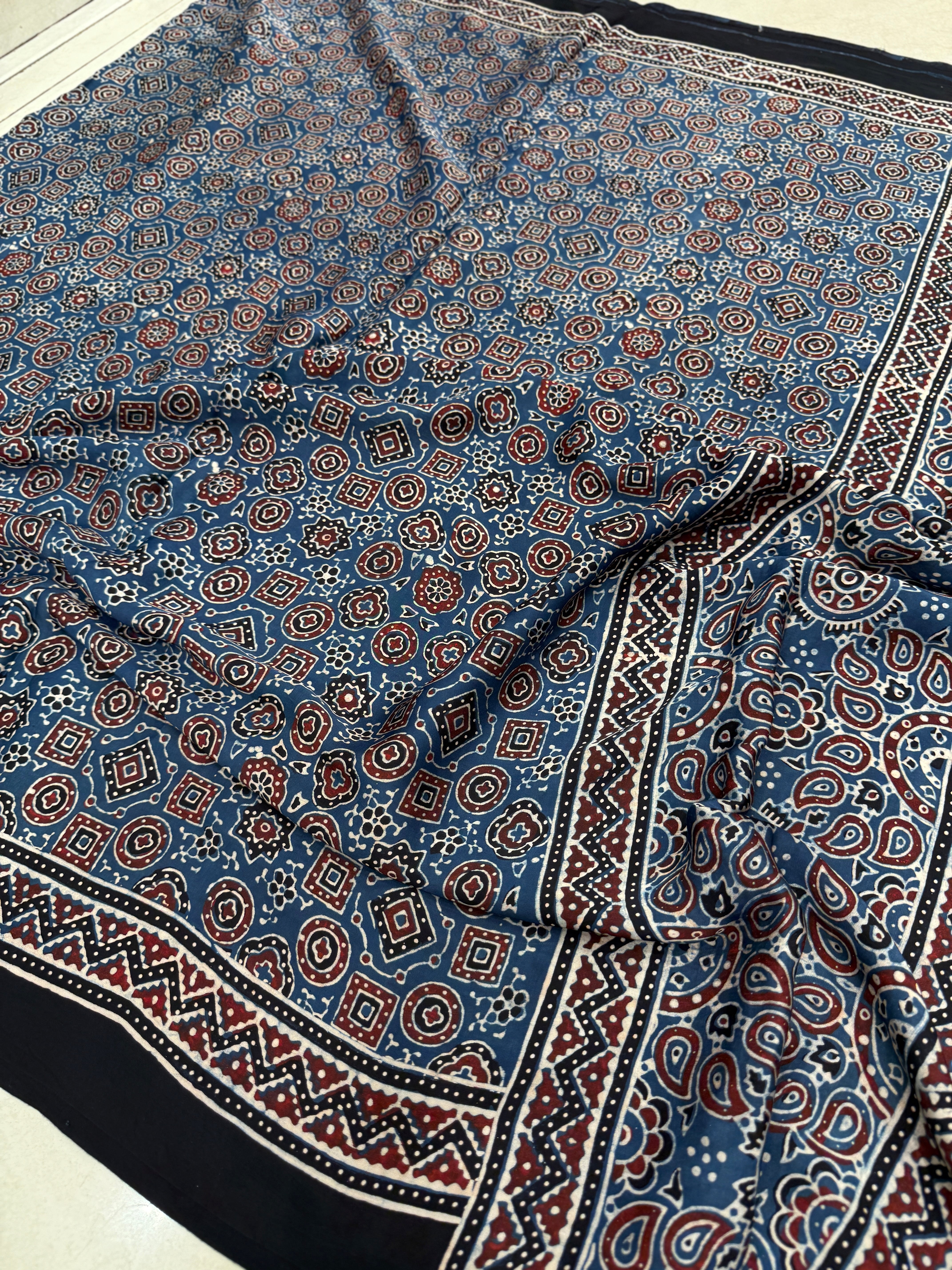 Blue Brown Ajrakh Hand Block Print Pure Gajji Silk Saree
