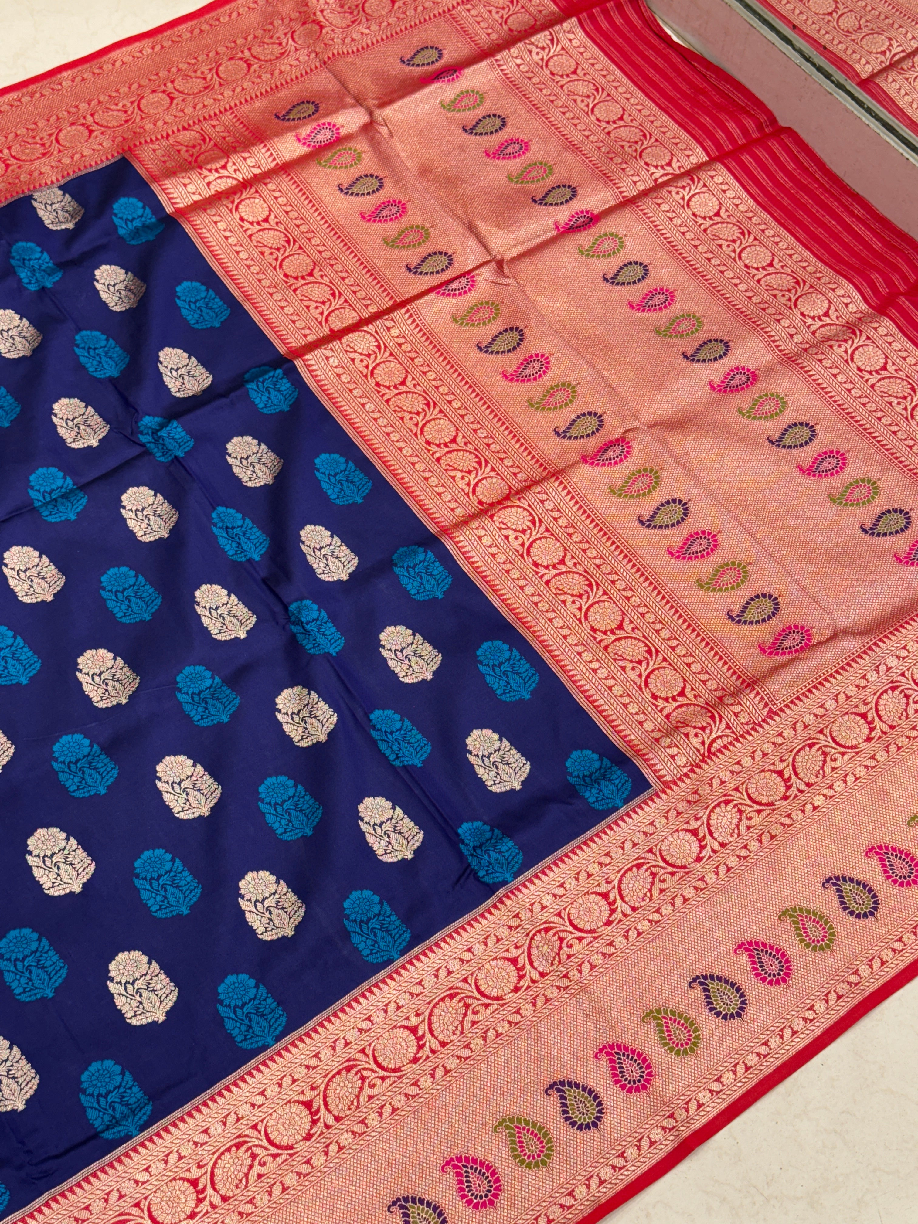 Blue Sunflower Butta Banarasi Silk Saree