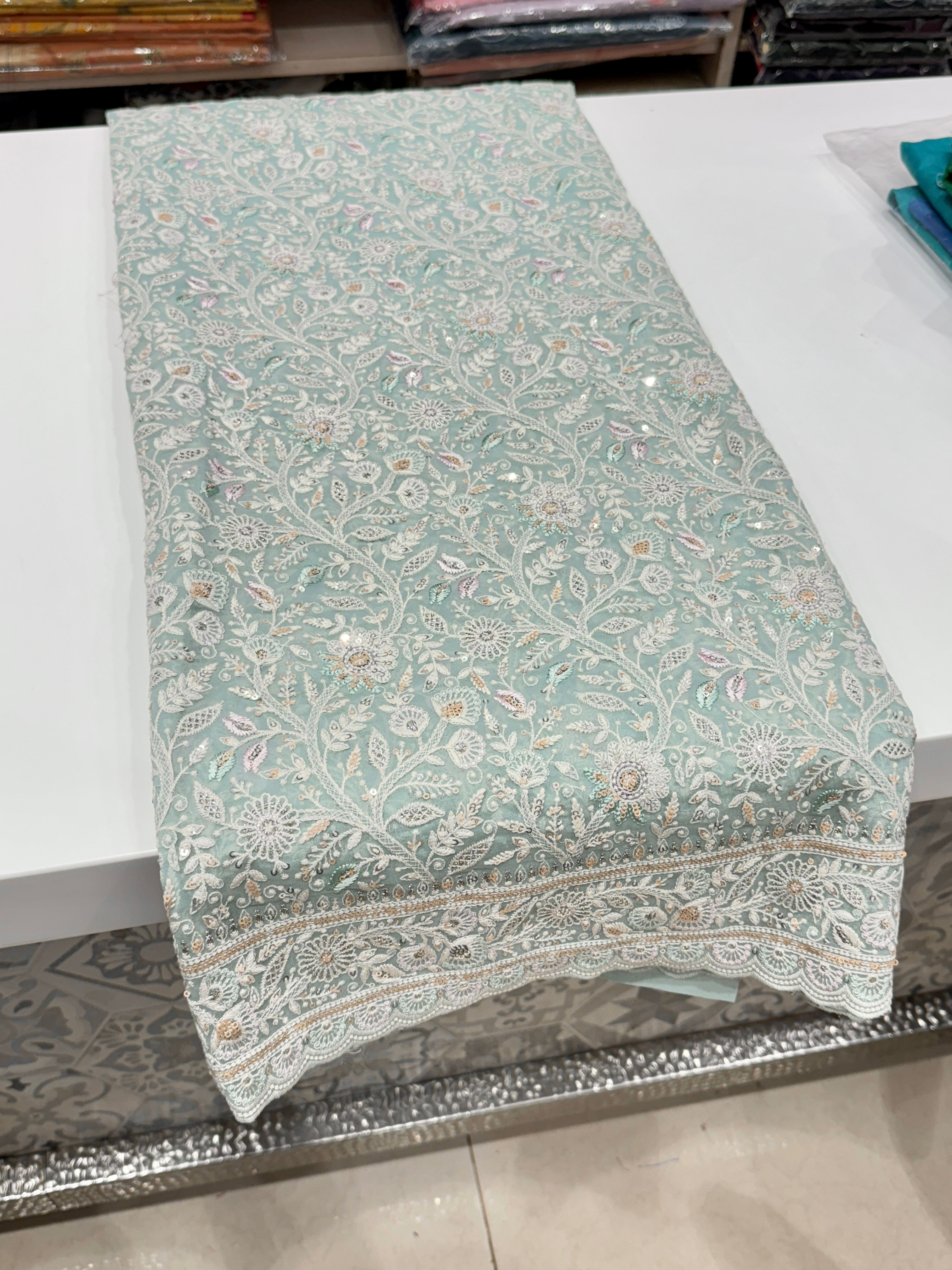 Sea Green Meenakari Chikankari Scallop Design Saree