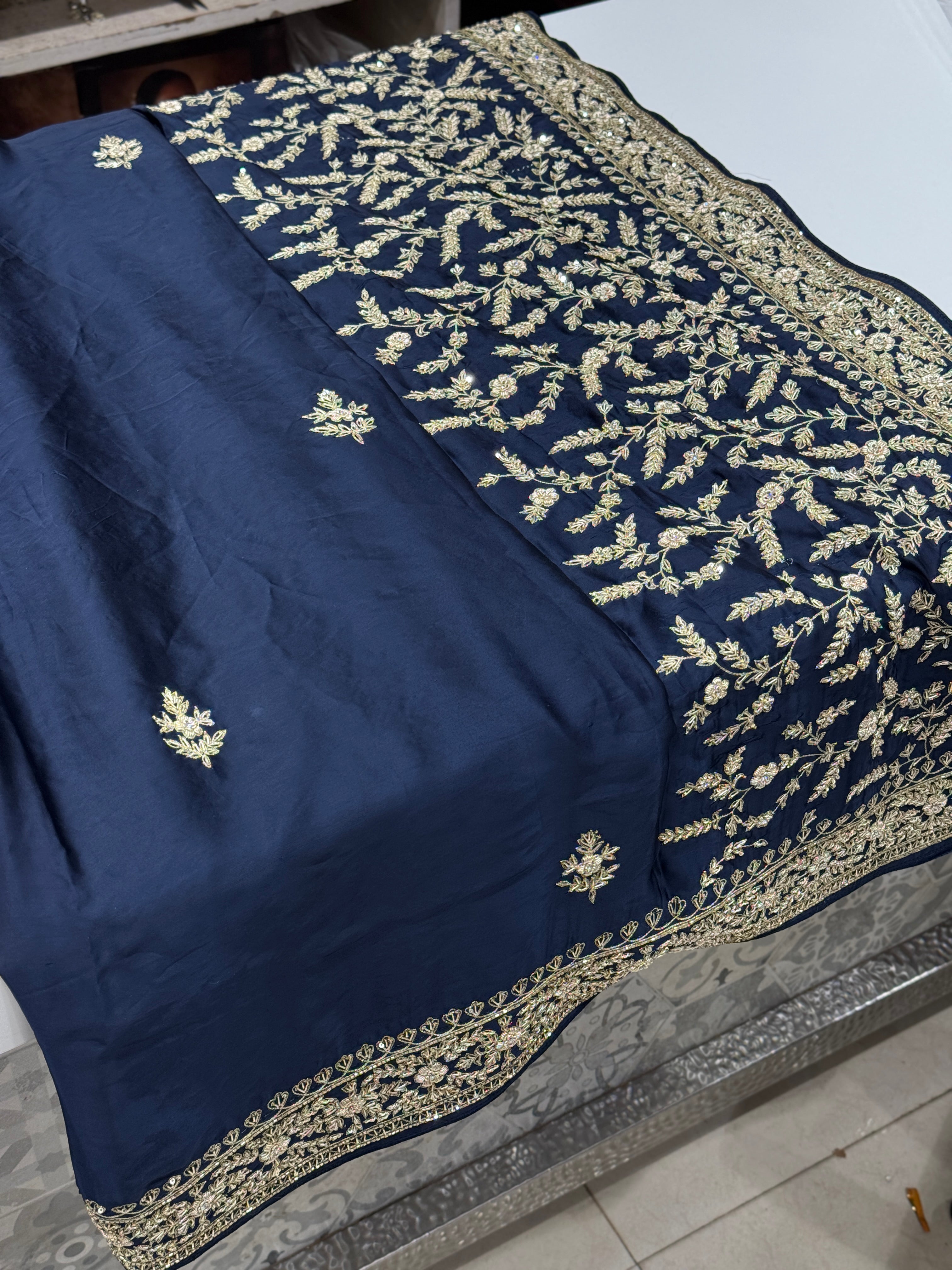 Blue Border Pan Butti Satin Hand Embroidered Zardosi Saree