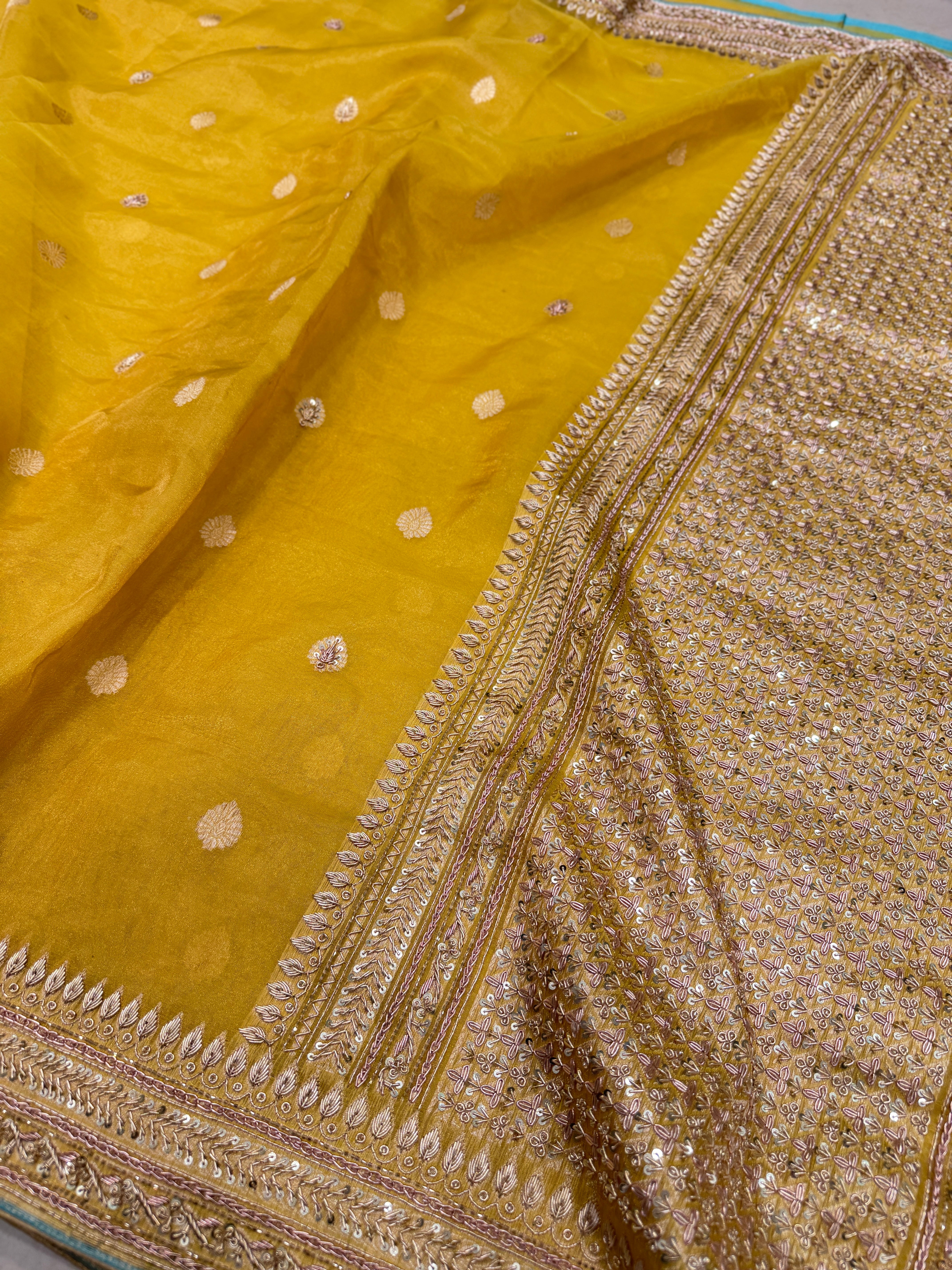 Yellow Banarasi Tissue Handloom Kadwa Weave Zardosi Embroidery Saree