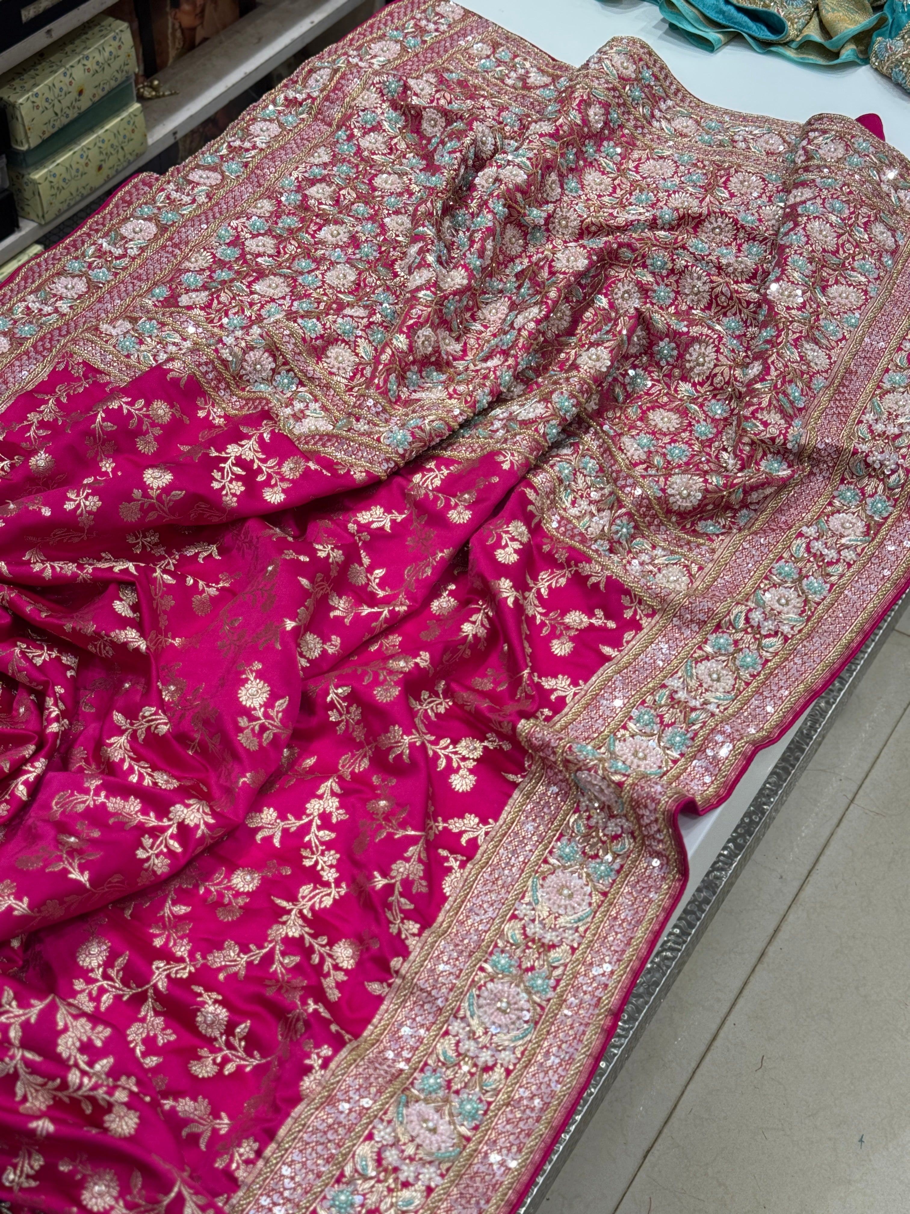 Rani Pink Banarasi Hand Embroidery Saree