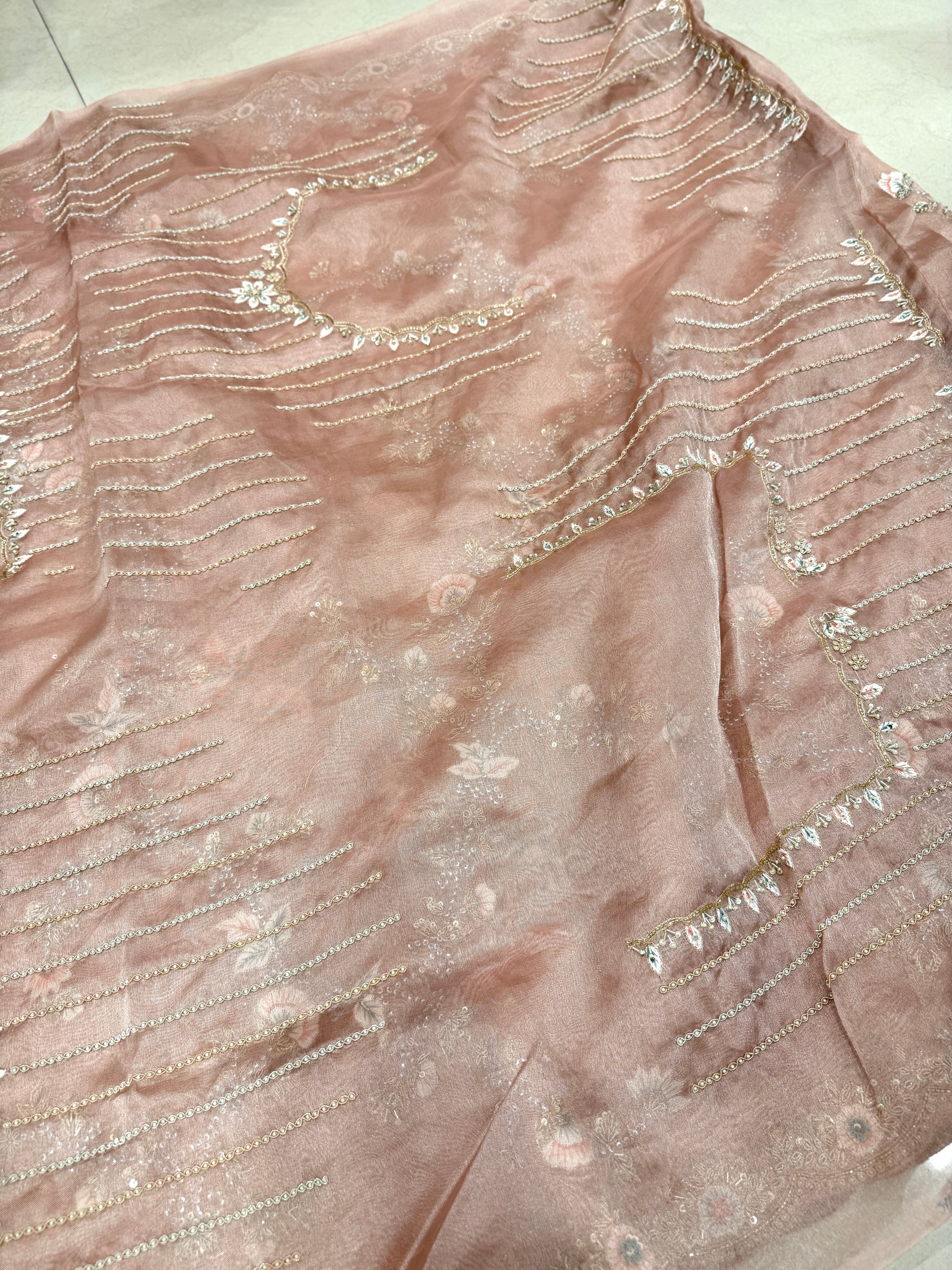 Pink Tissue Zardosi Resham Knot Hand Embroidery Saree