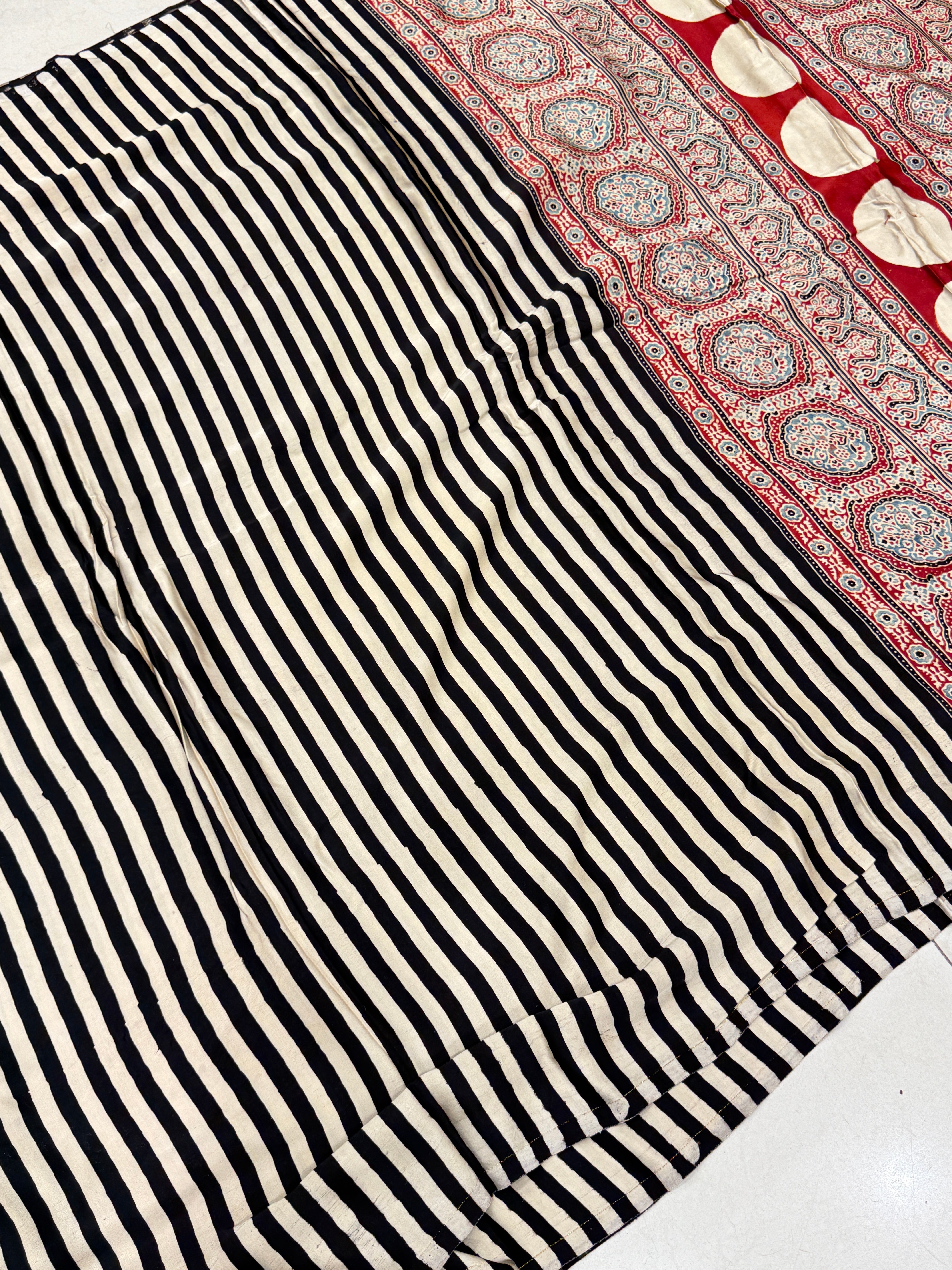 Black White Lines Contemporary Ajrakh Saree