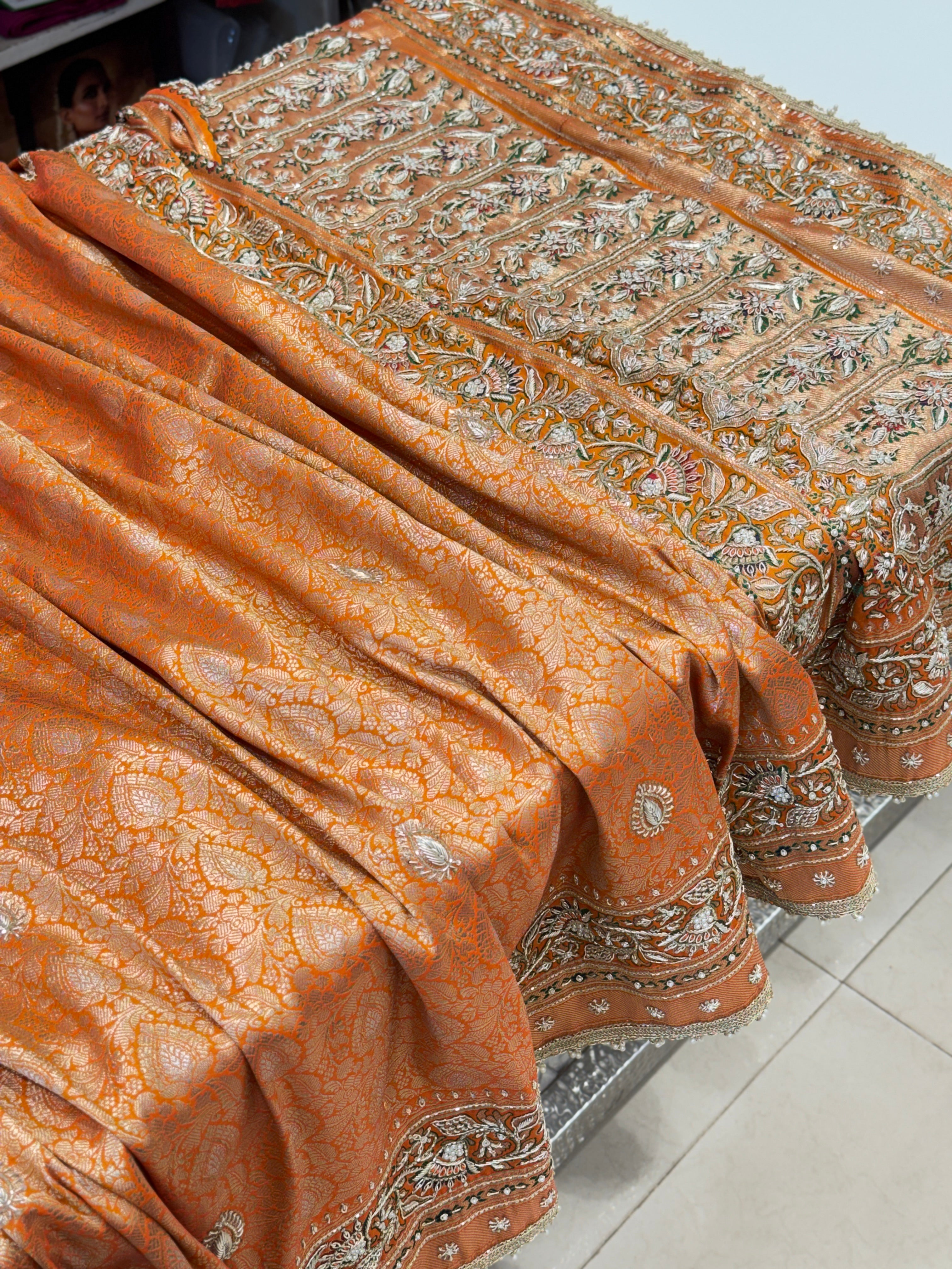 Orange Meenakari Banarasi Zardosi Hand Embroidery Saree