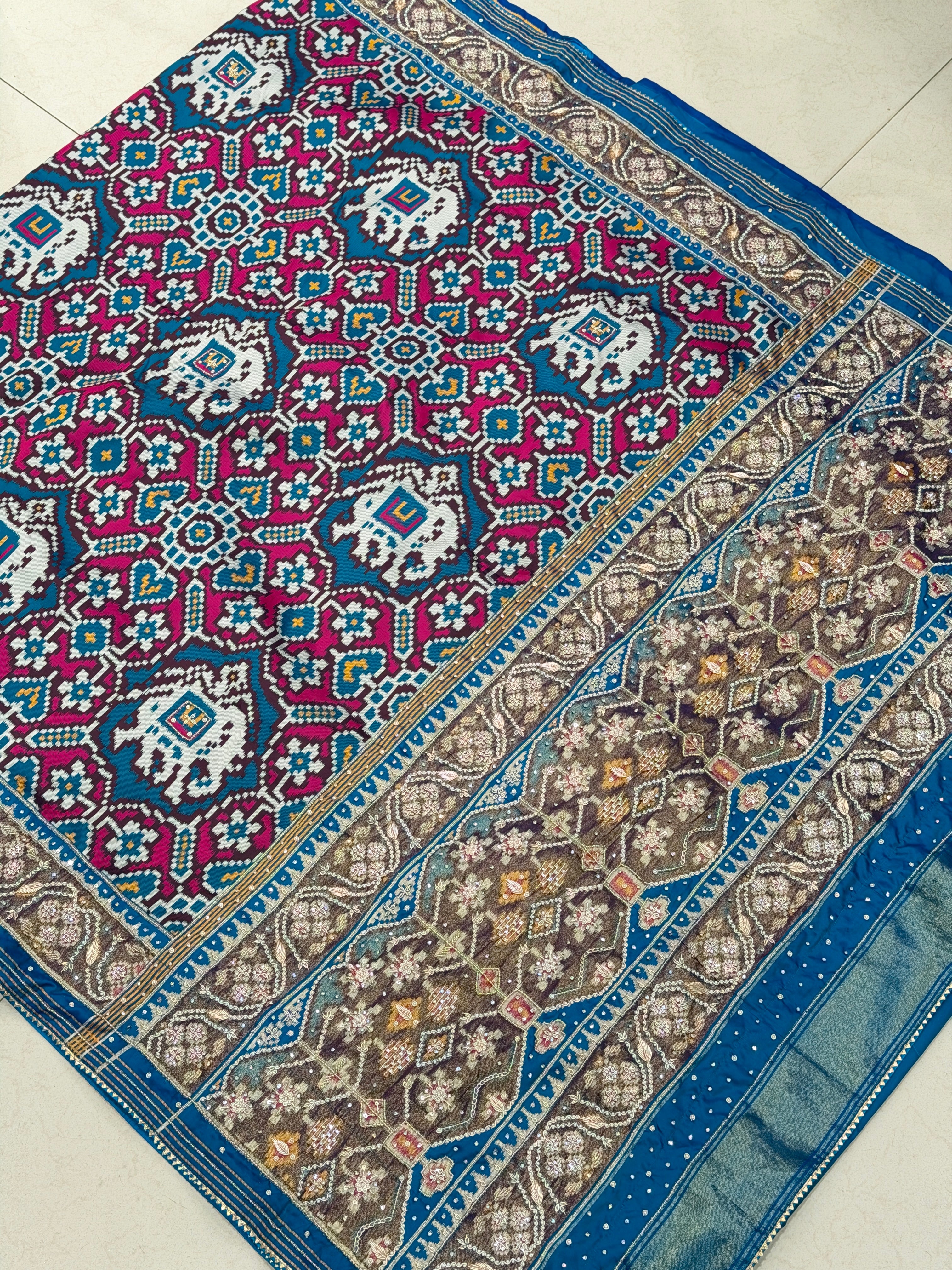 Blue Rani Chabdi Elephant Patola Hand Embroidery Saree