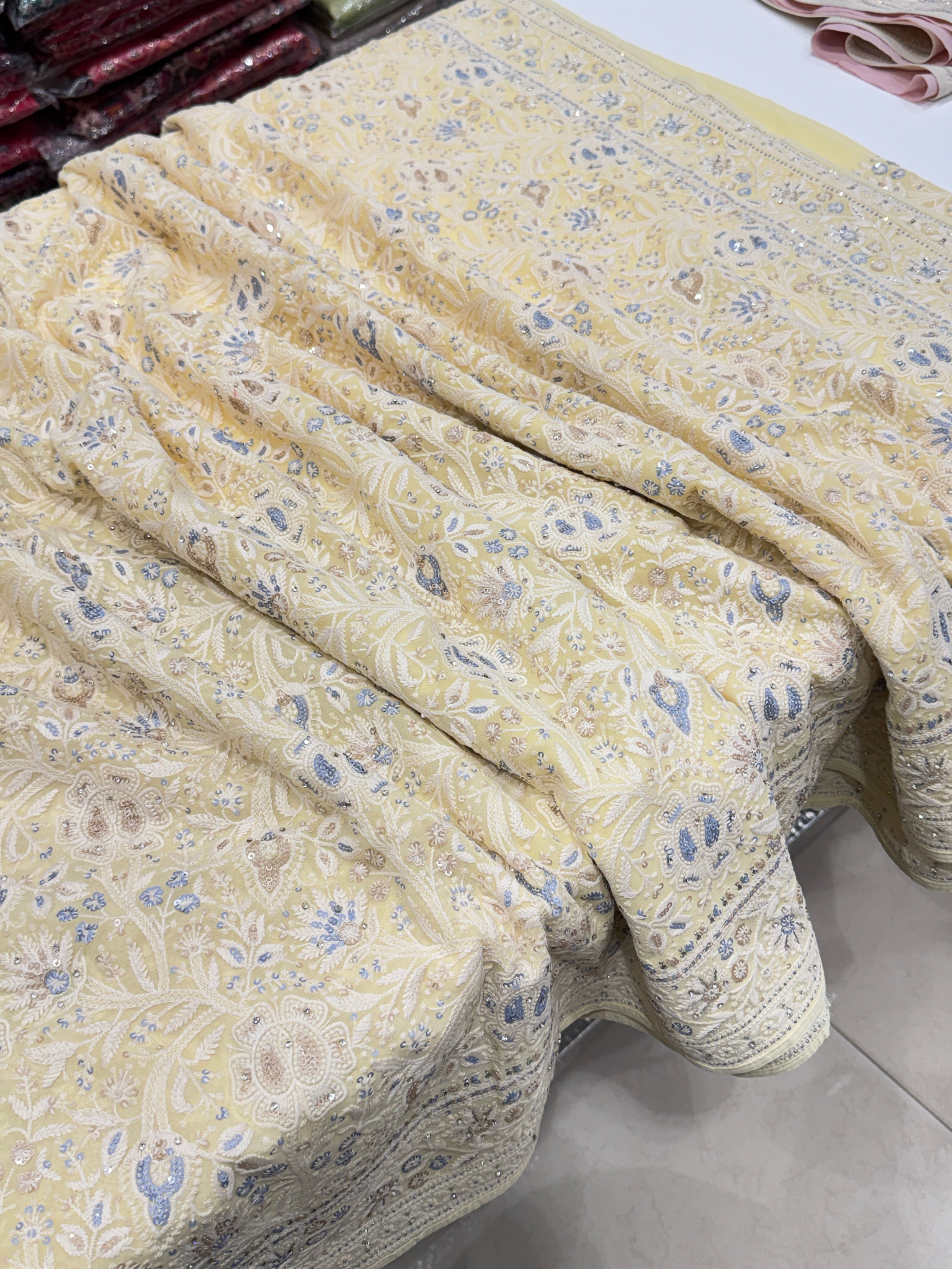 Yellow Chikankari Saree Floral Design