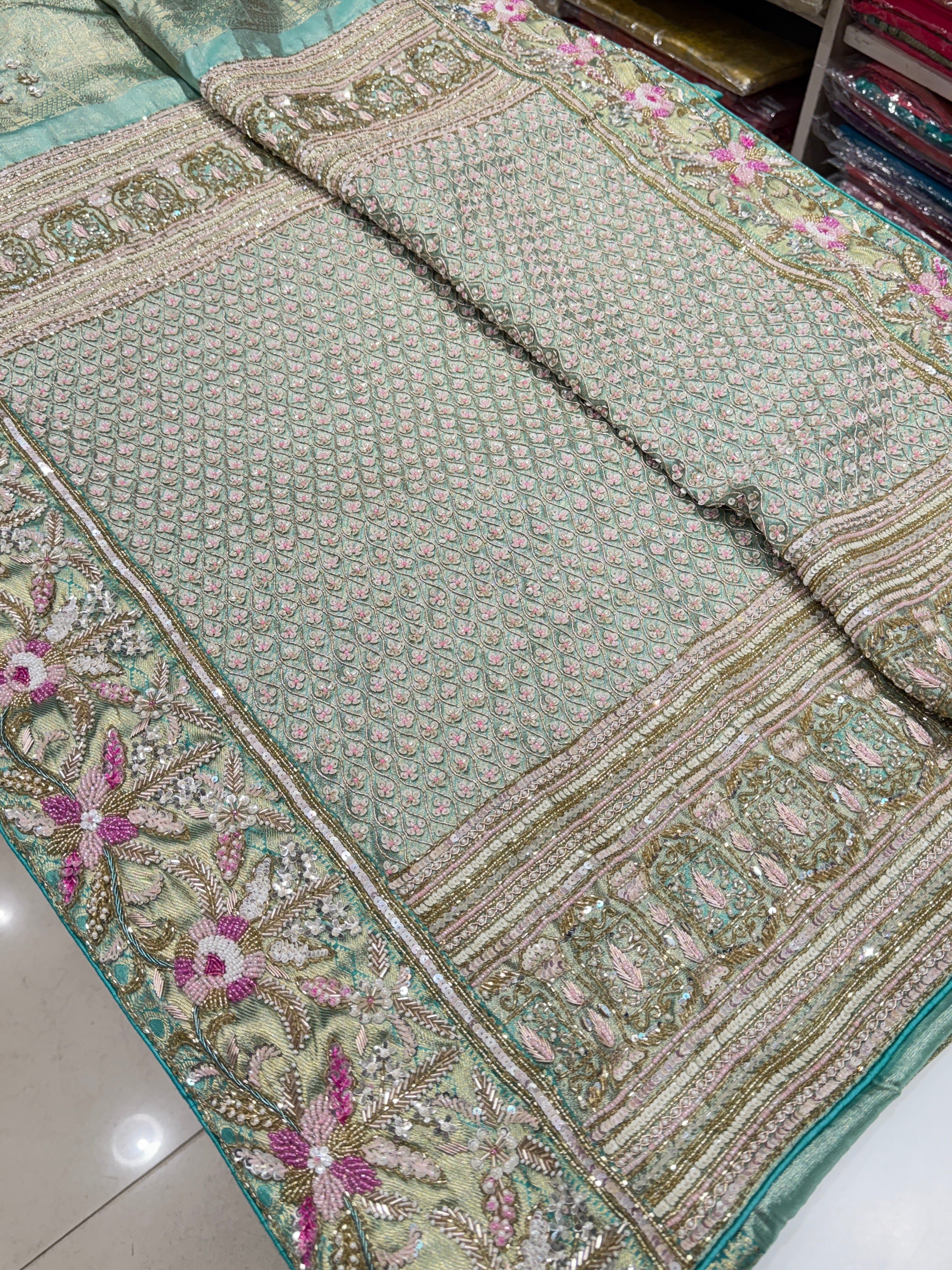 Green Tissue Kanjivaram with Moti Zardosi Hand Embroidery Saree