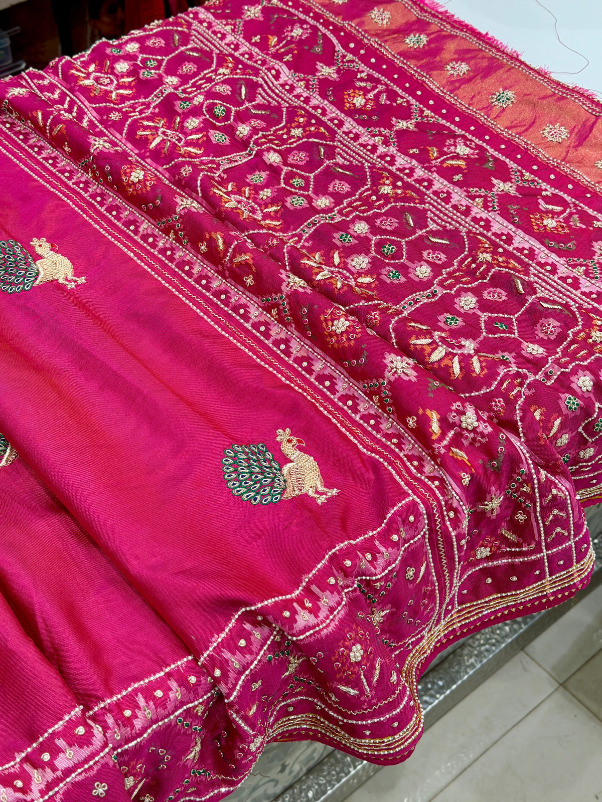 Rani Pink Peacock Motif Patan Patola Hand Embroidery Zardosi Saree