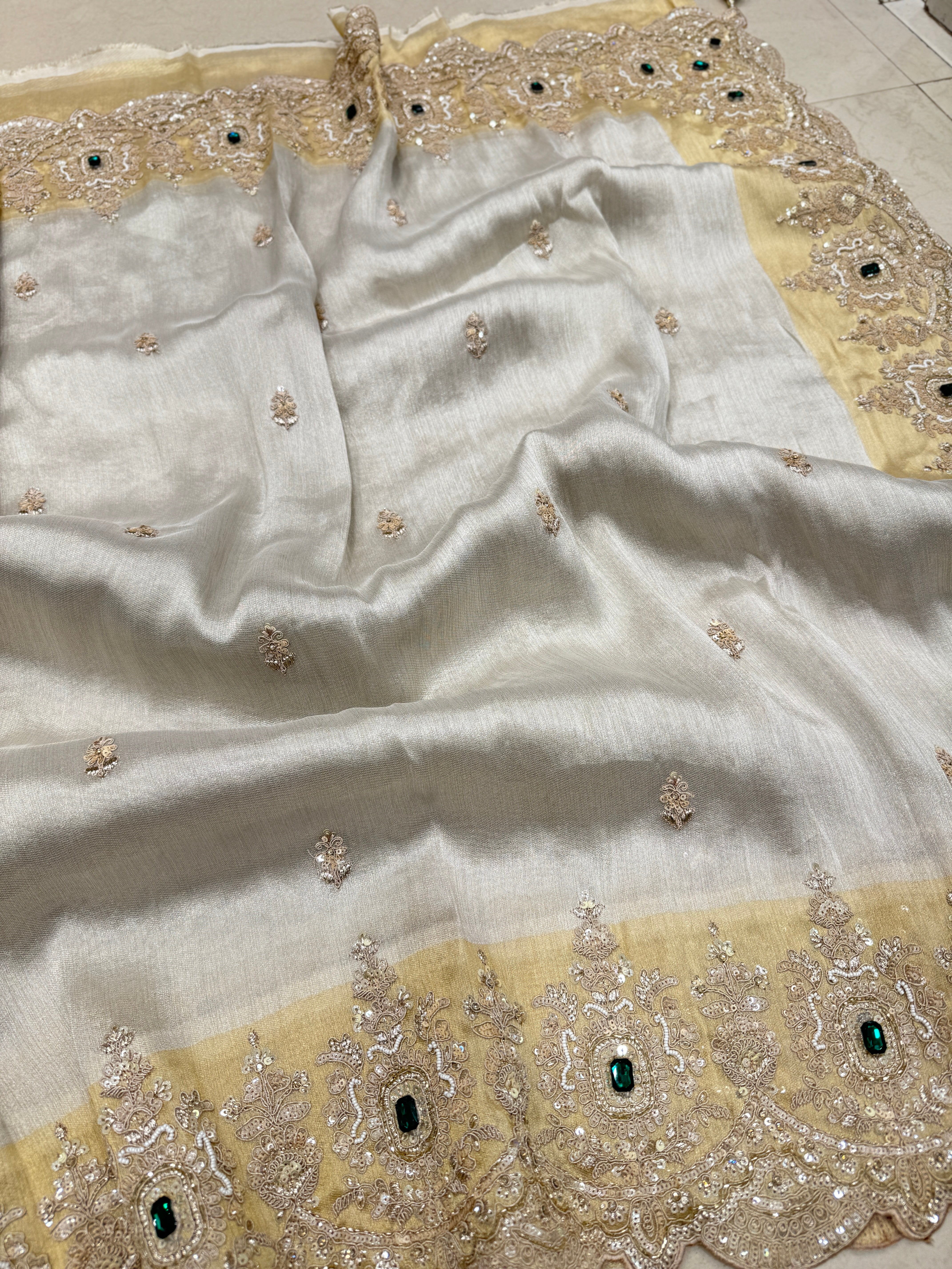 Golden Silver Soft Tissue Moti Crystal Embroidery Saree