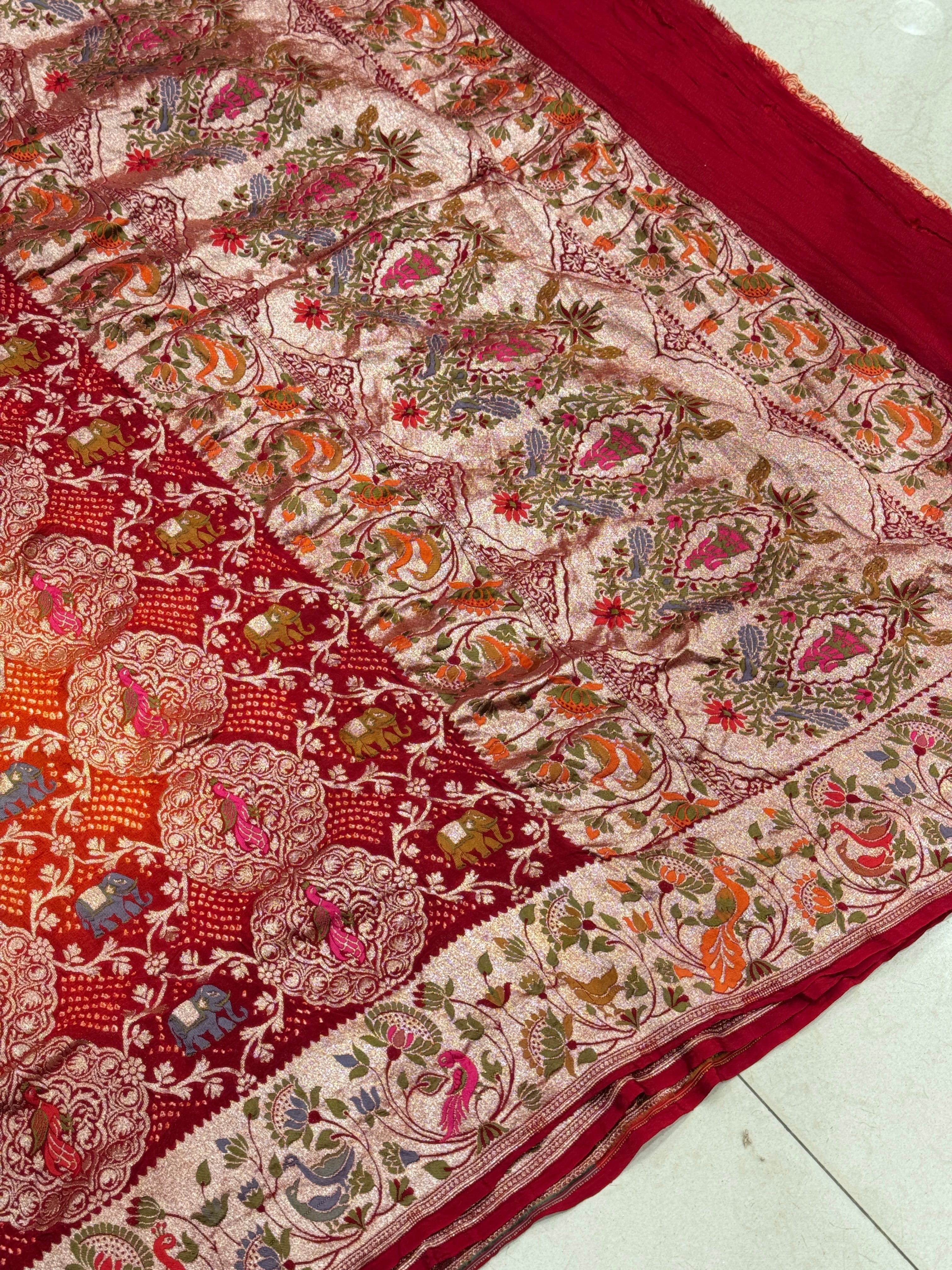 Red Orange Shaded Meenakari Rai Bandhej Shikara Saree