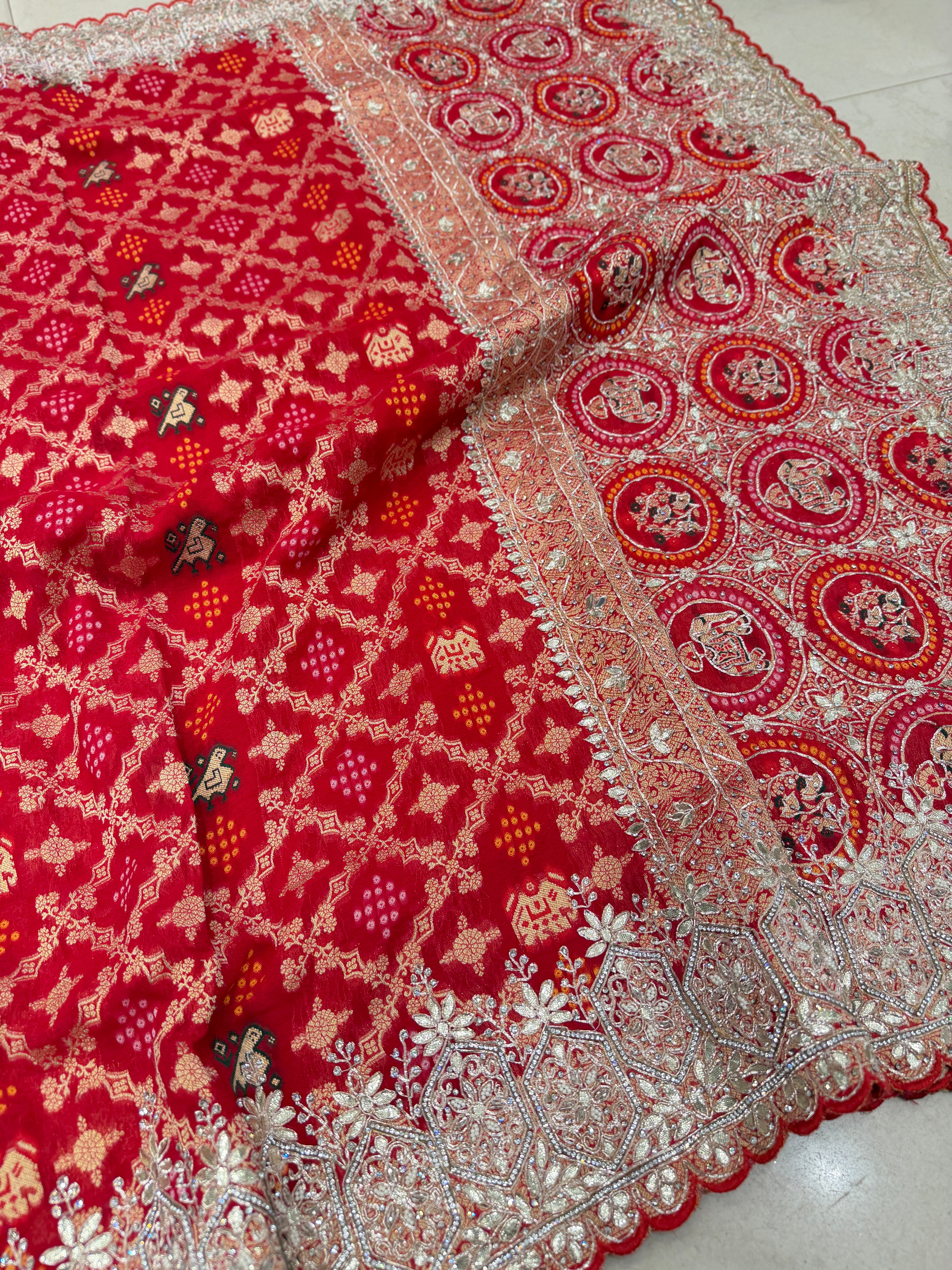 Red Woven Bandhej Patola Zardodi Pita Hand Embroidery Saree