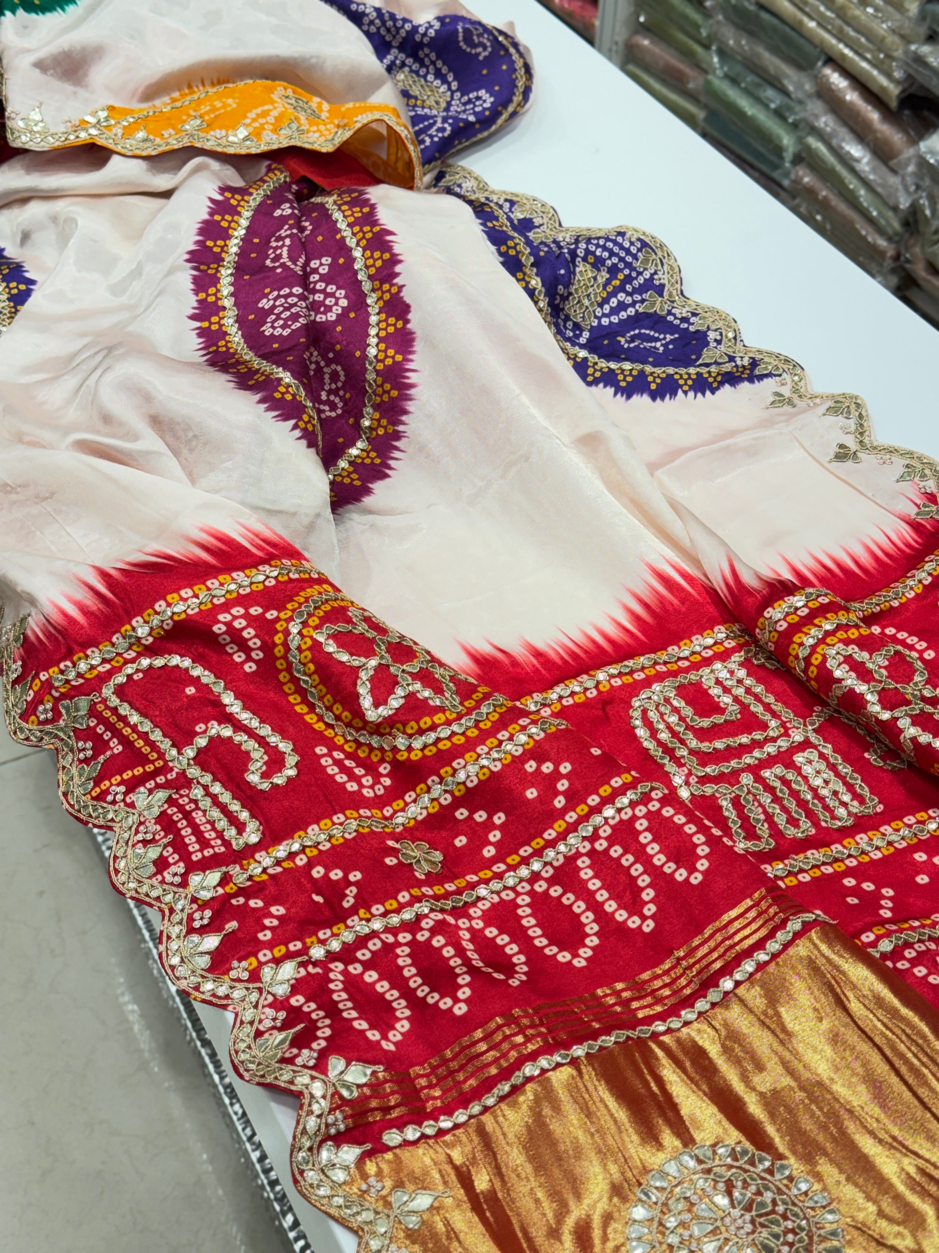 Moti White Gajji Silk Bandhej Print Hand Done Gotapatti Saree