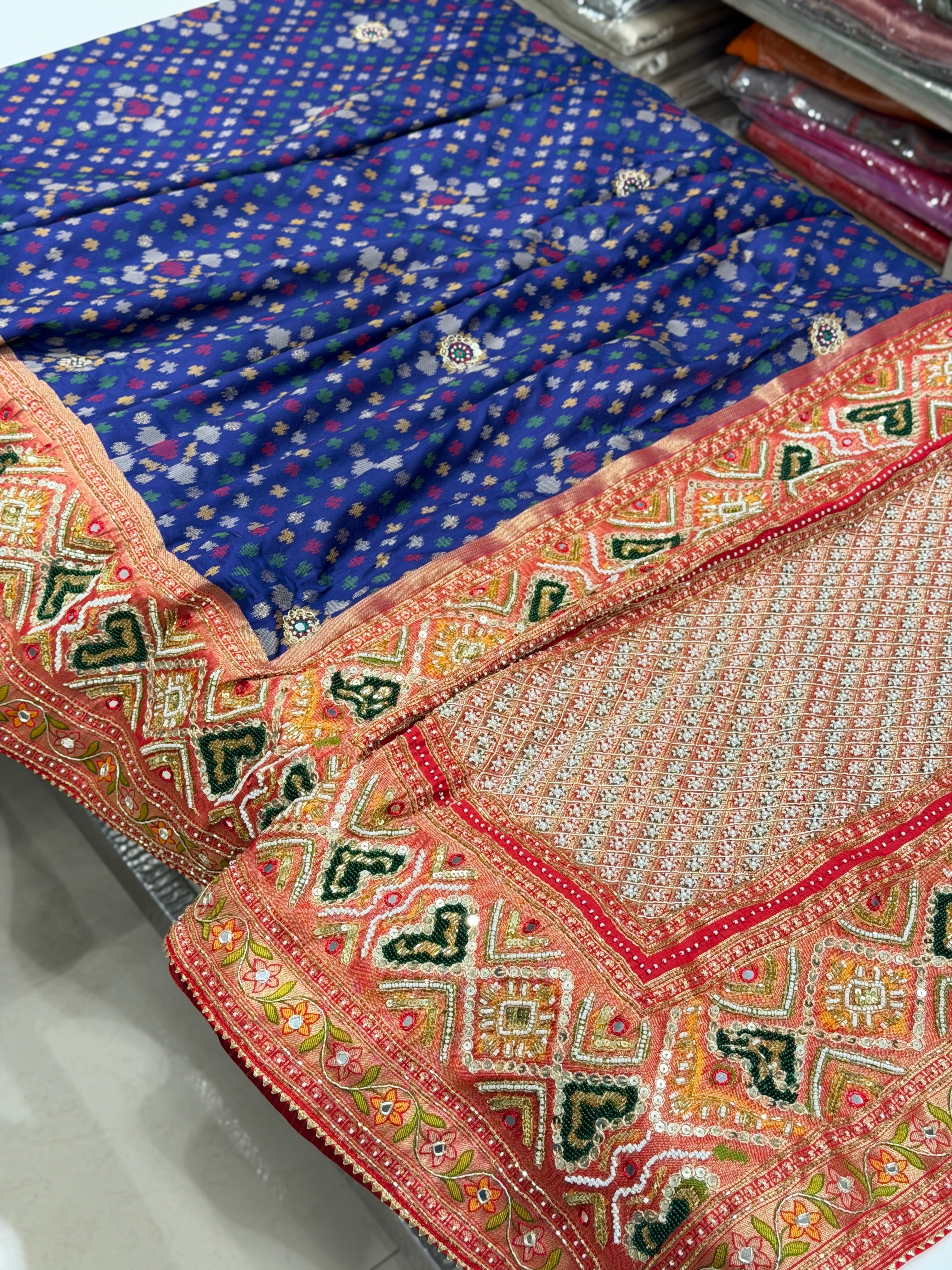 Blue Banarasi Ikat Patola Moti Hand Embroidery Saree