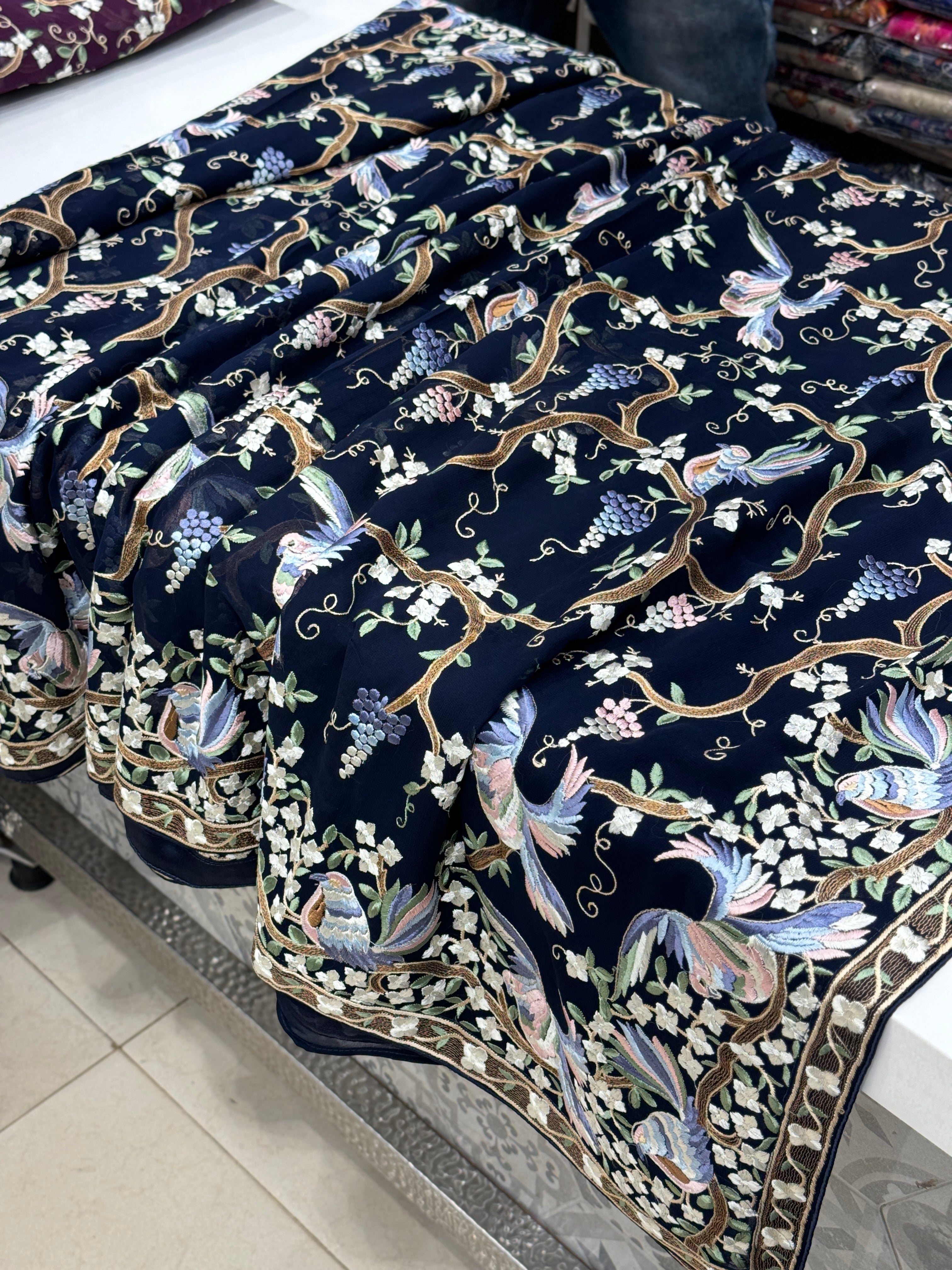 Blue Georgette Chakla Chakli Parsi Gara Saree