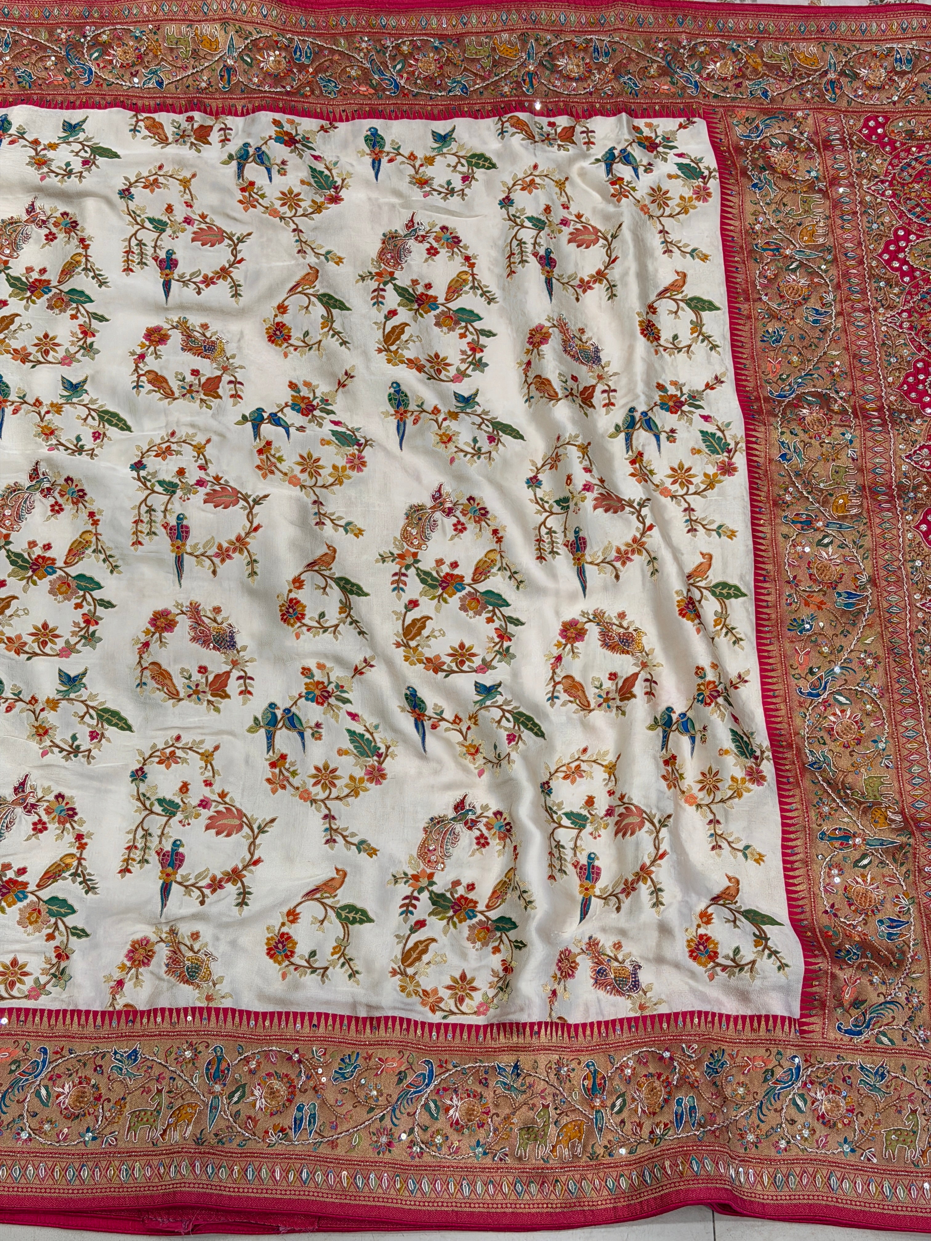 Moti White Meenakari Jaal Modal Banarasi Hand Embroidery Saree