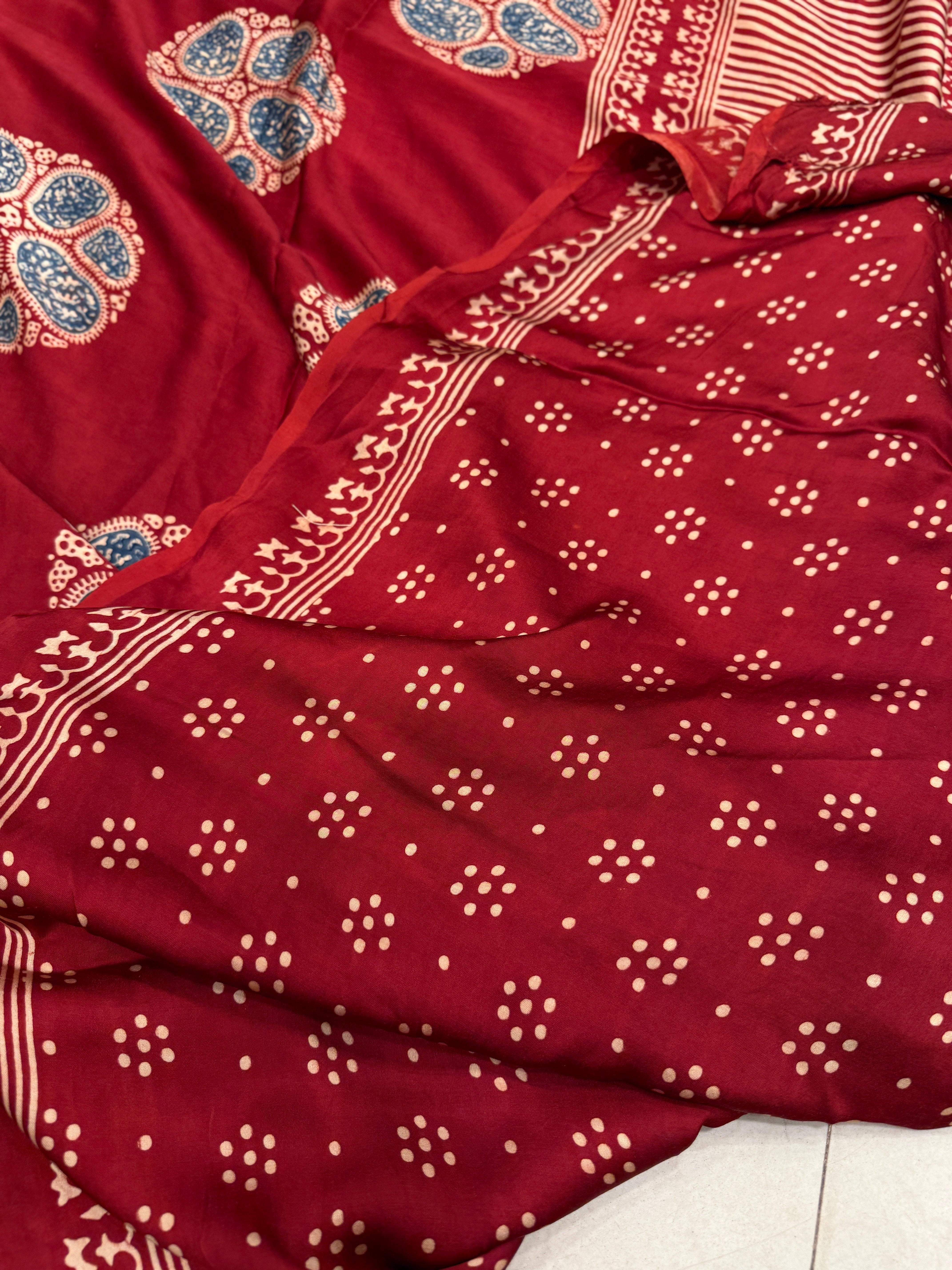 Red Ajrakh Blue Butta Hand Block Print Pure Gajji Silk Saree