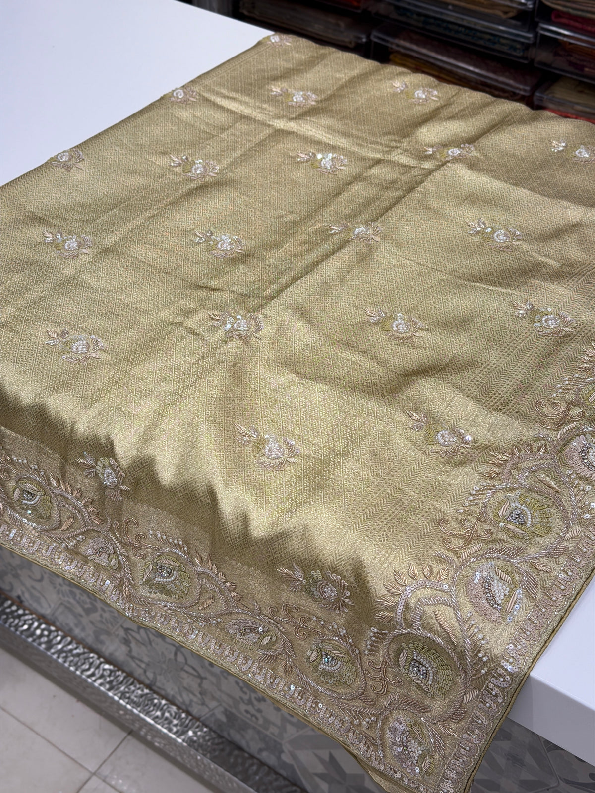 Golden Floral Jaal Kanjivaram Moti Zardosi Hand Embroidery Saree