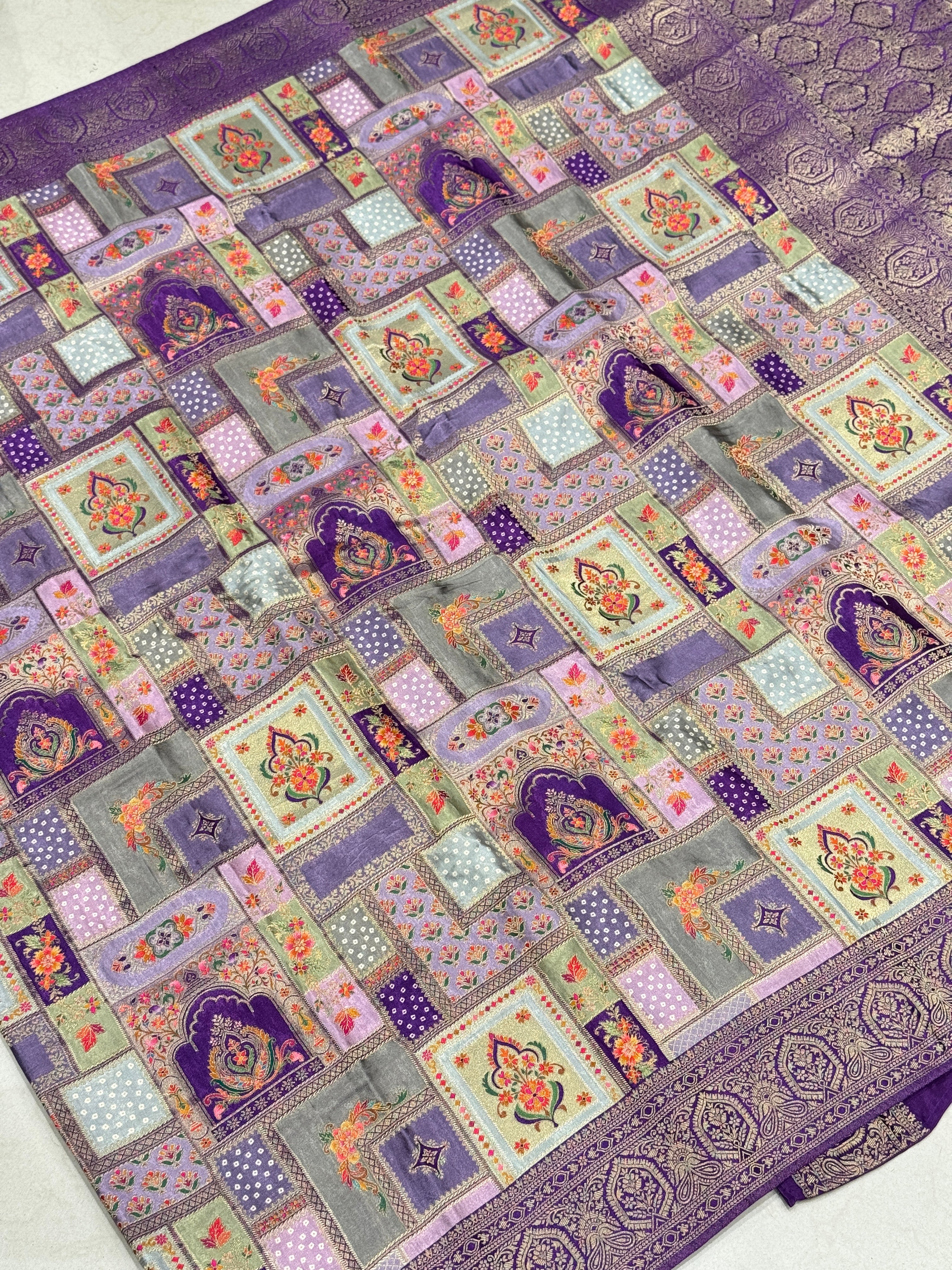 Violet Banarasi Modal Rangkat Satin Checkered Temple Silk Saree