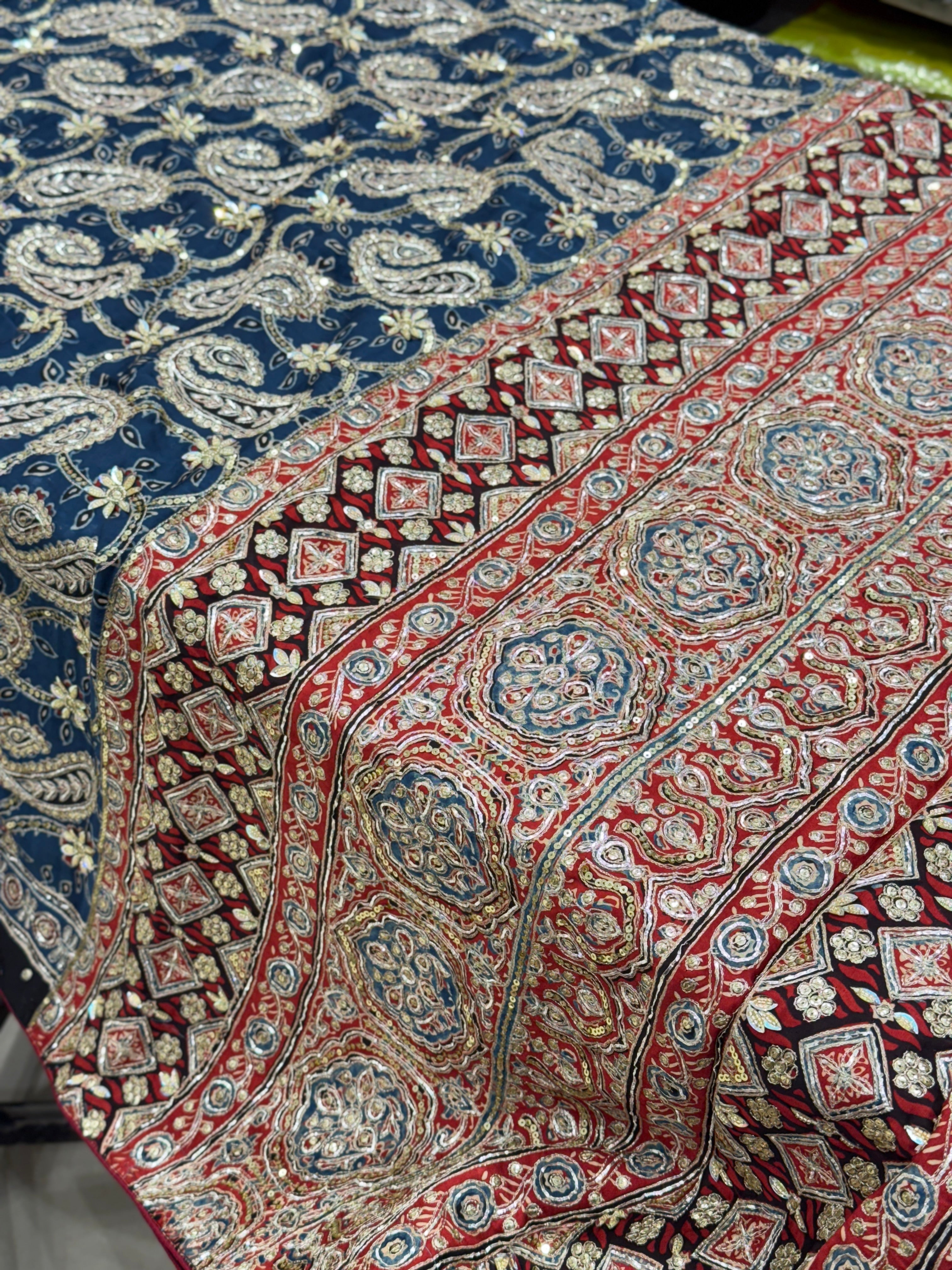 Ajrakh Blue Red Pallu Jaal Hand Embroidery Zardosi and Pita Work