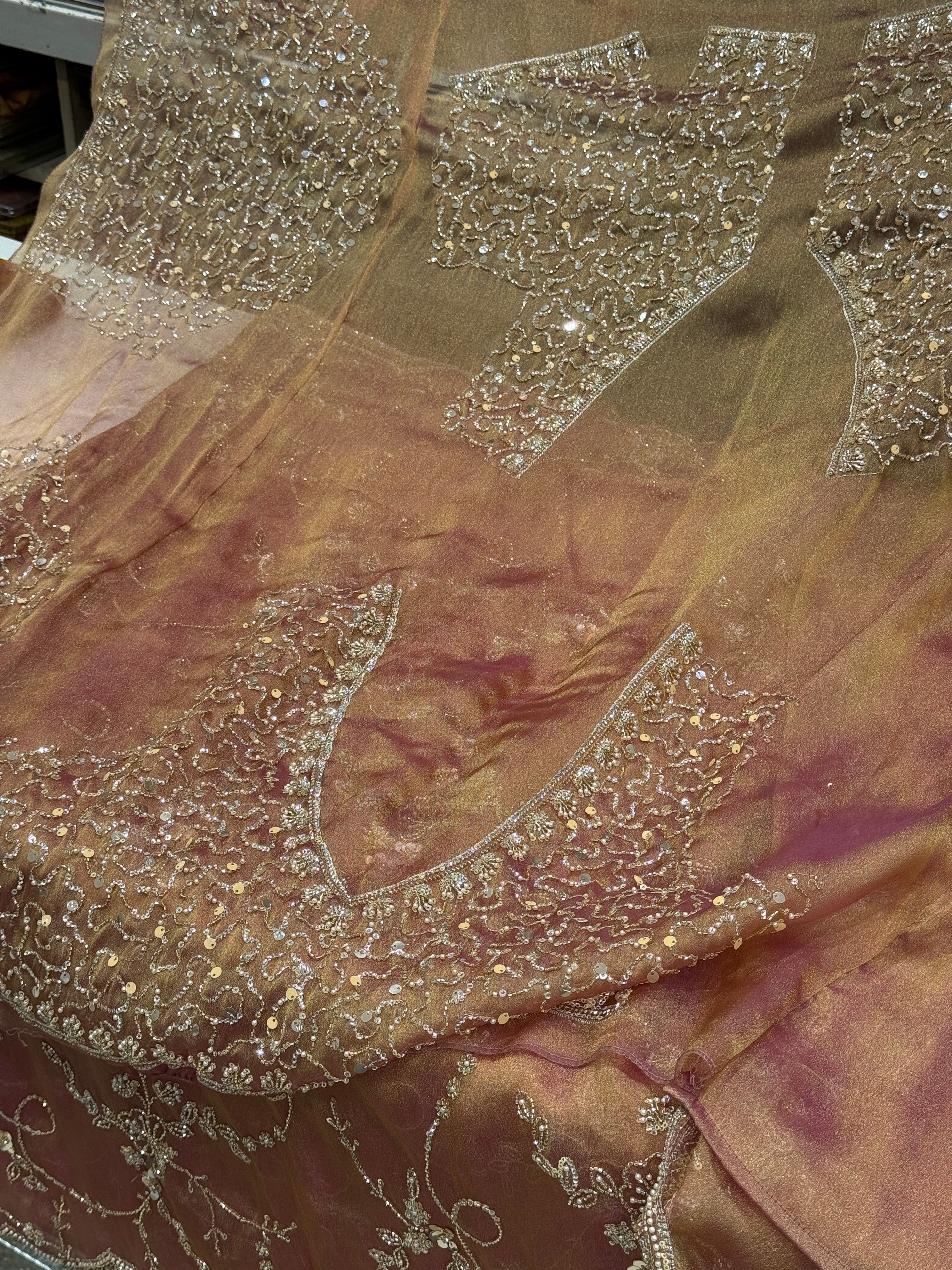 Peach Soft Tissue Moti Embroidery Jaal Saree