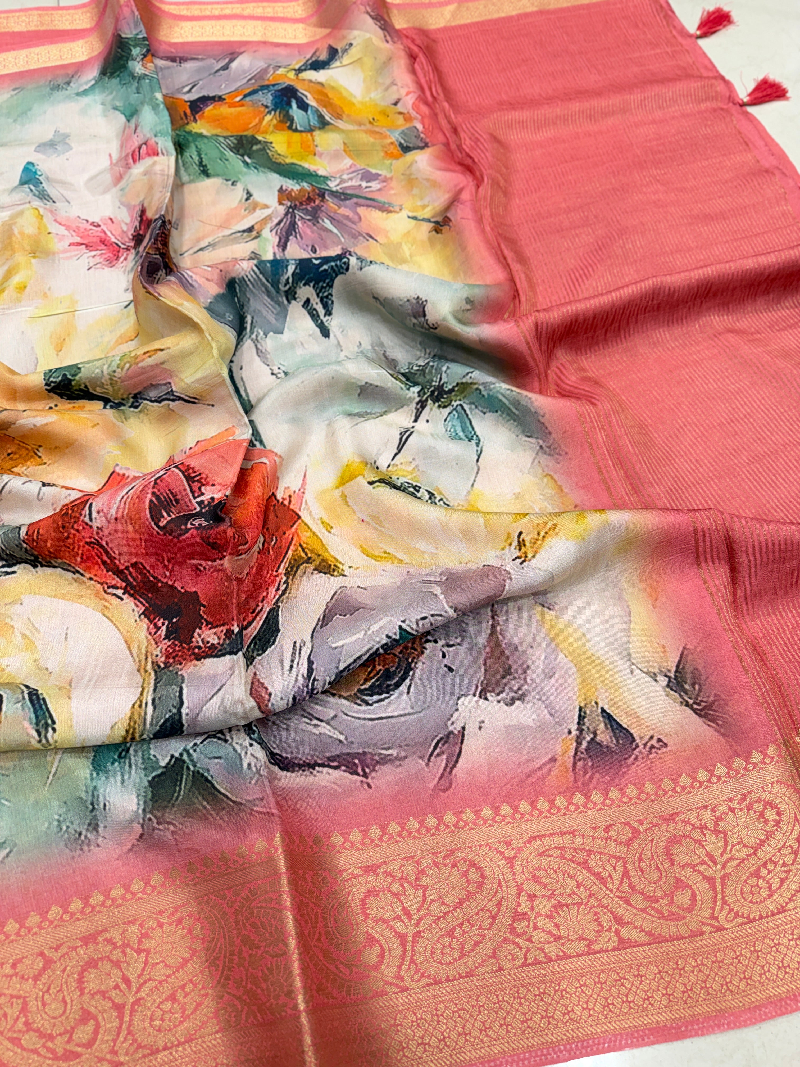 Abstract Multi Colour Print Munga Soft Silk Saree