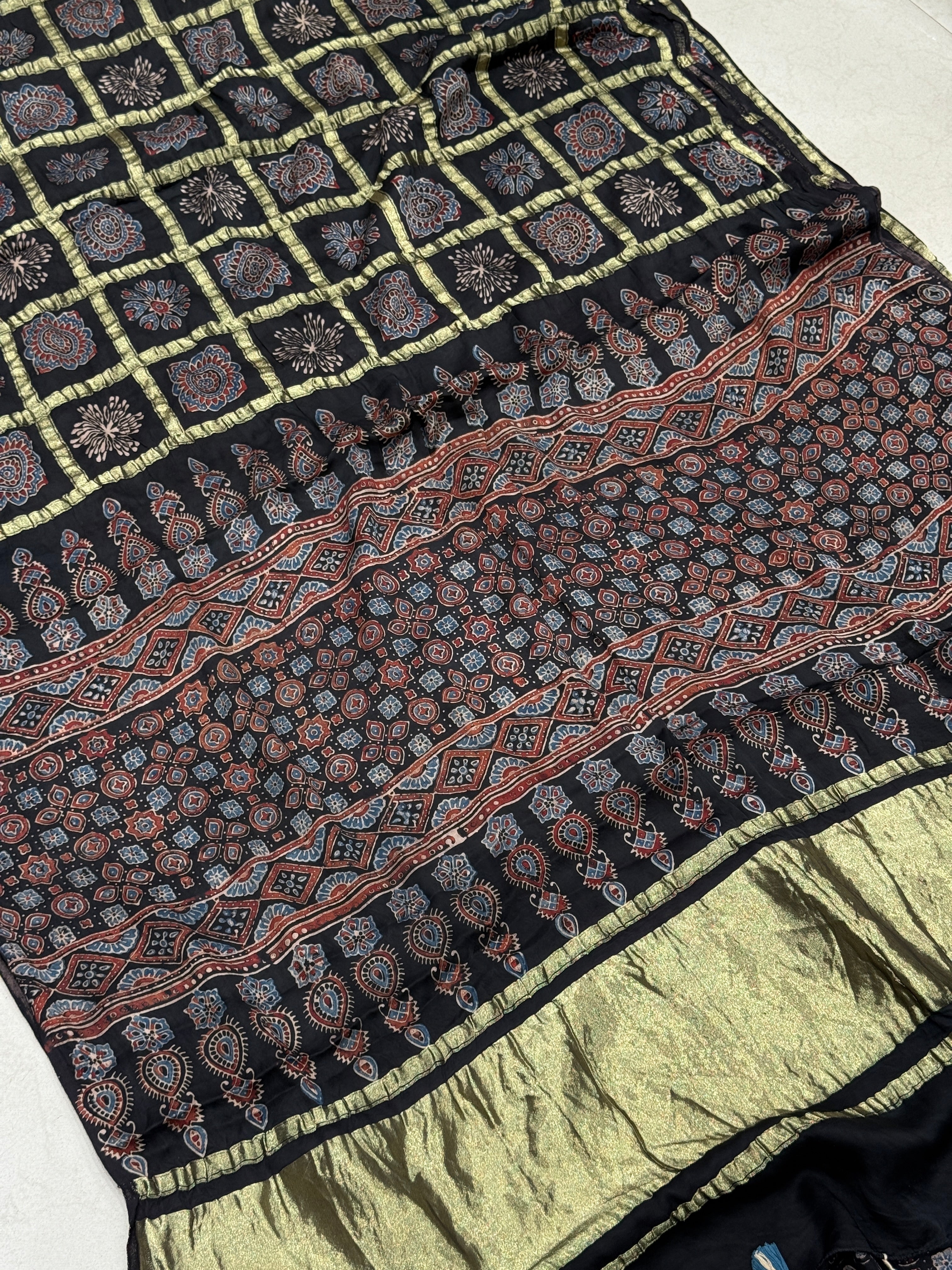 Black Ajrakh Lagdi Pata Gharchola Style Saree