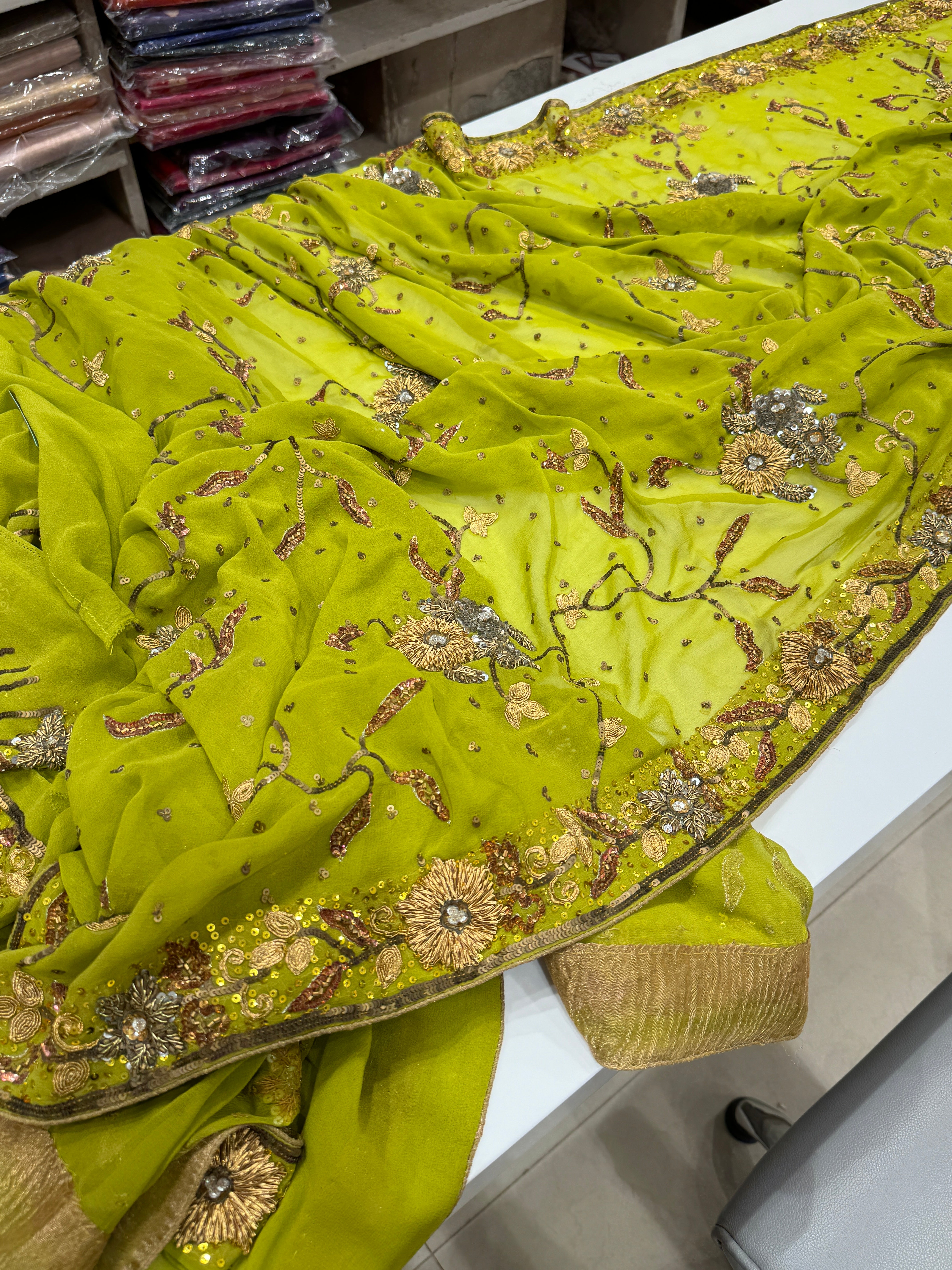 Green Georgette Antique Zardosi Hand Embroidery Saree