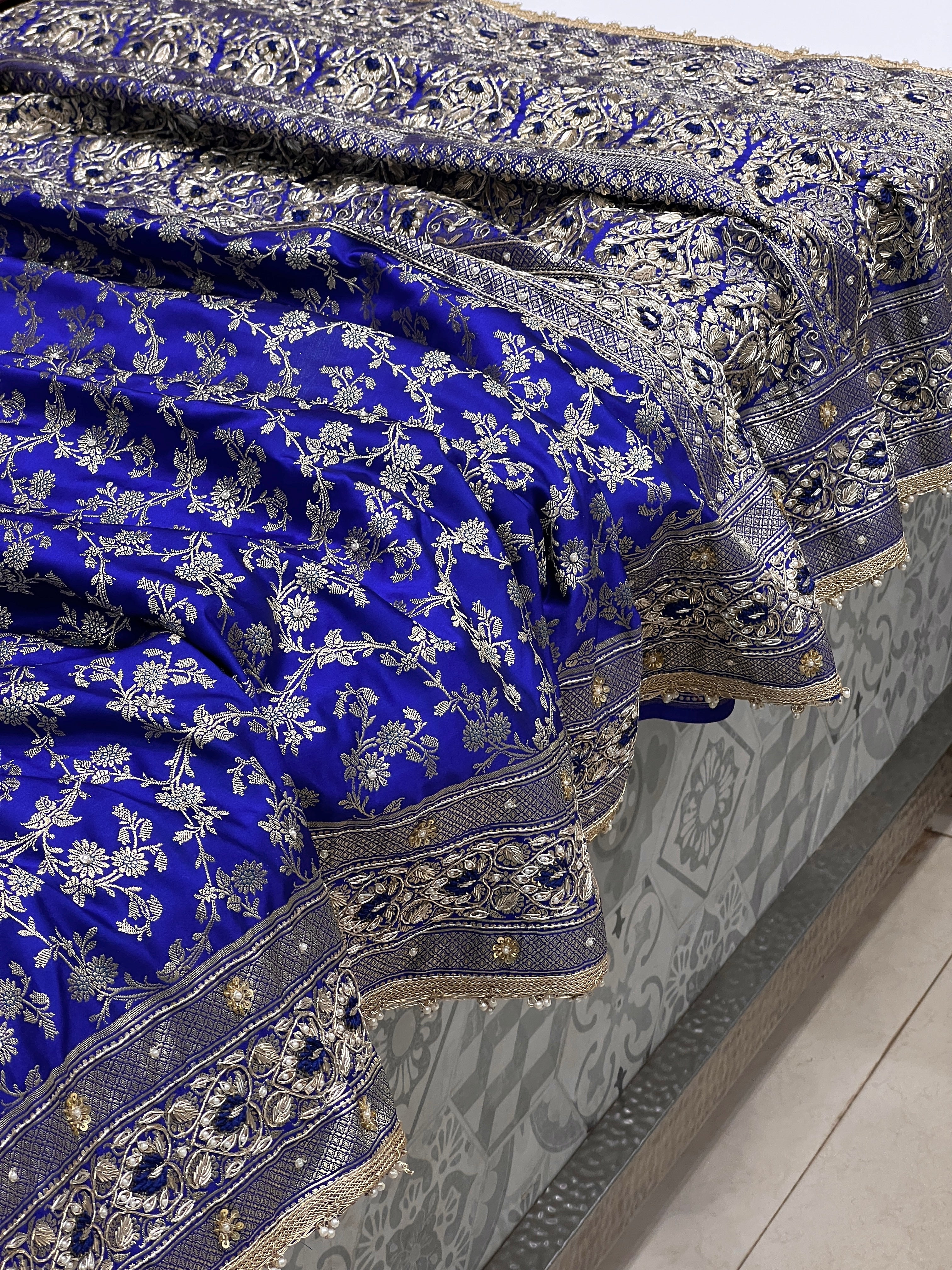 Ink Blue Banarasi Silk Resham Hand Embroidery Saree