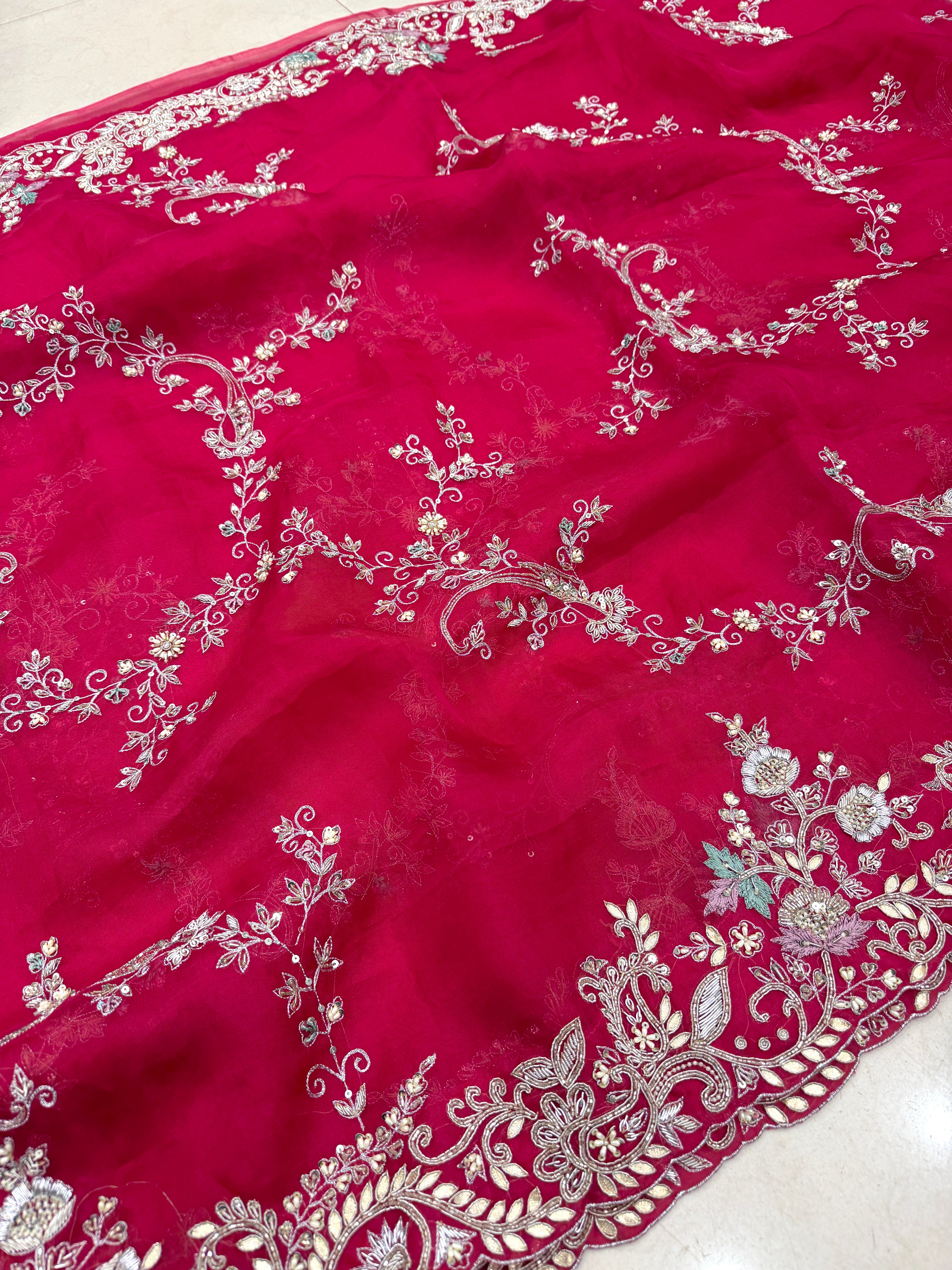Rani Pink Organza Open Border Zardosi Hand Embroidery Saree