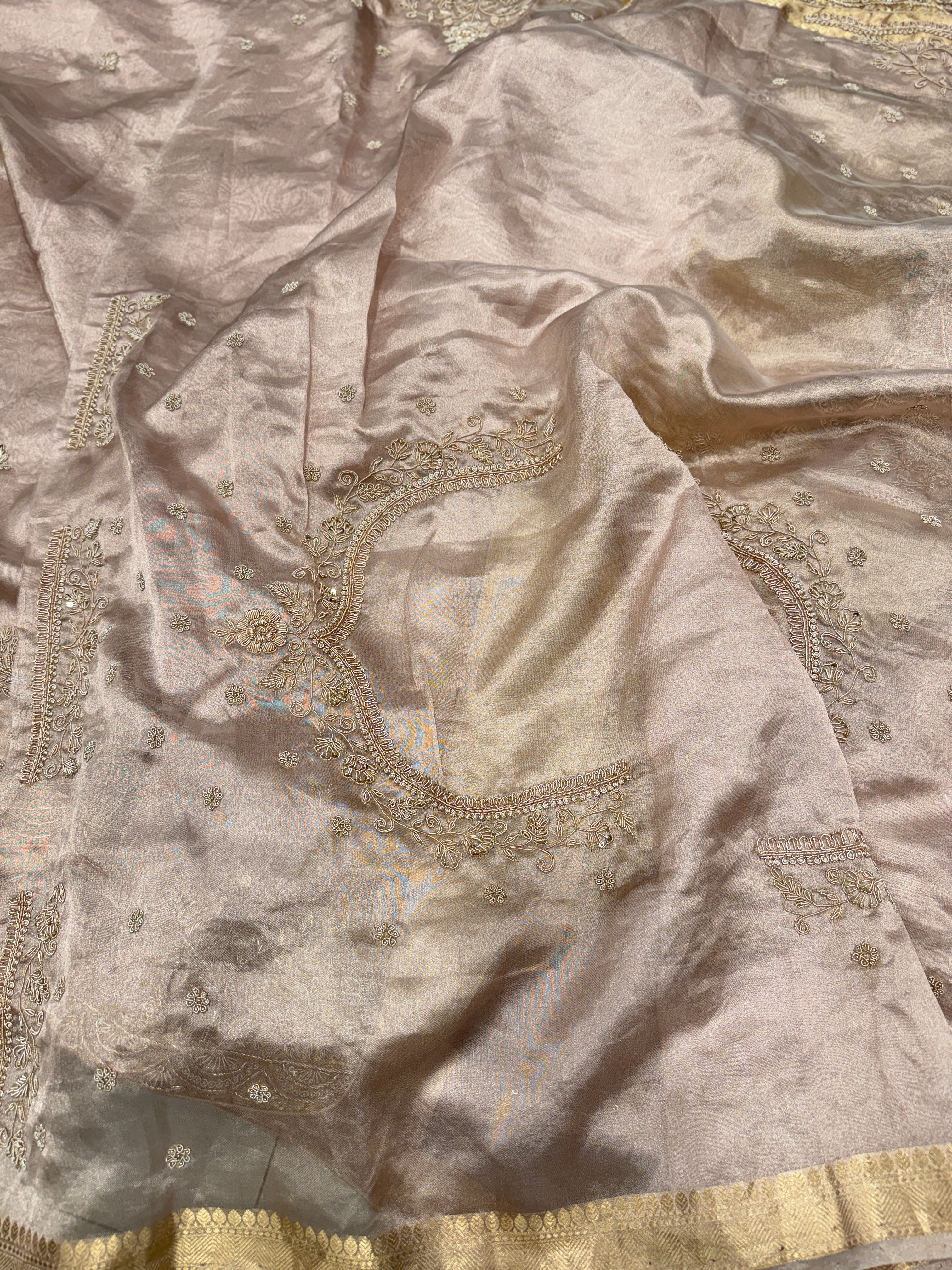 Rose Gold Tissue Parsi Style Zardosi Hand Embroidery Saree