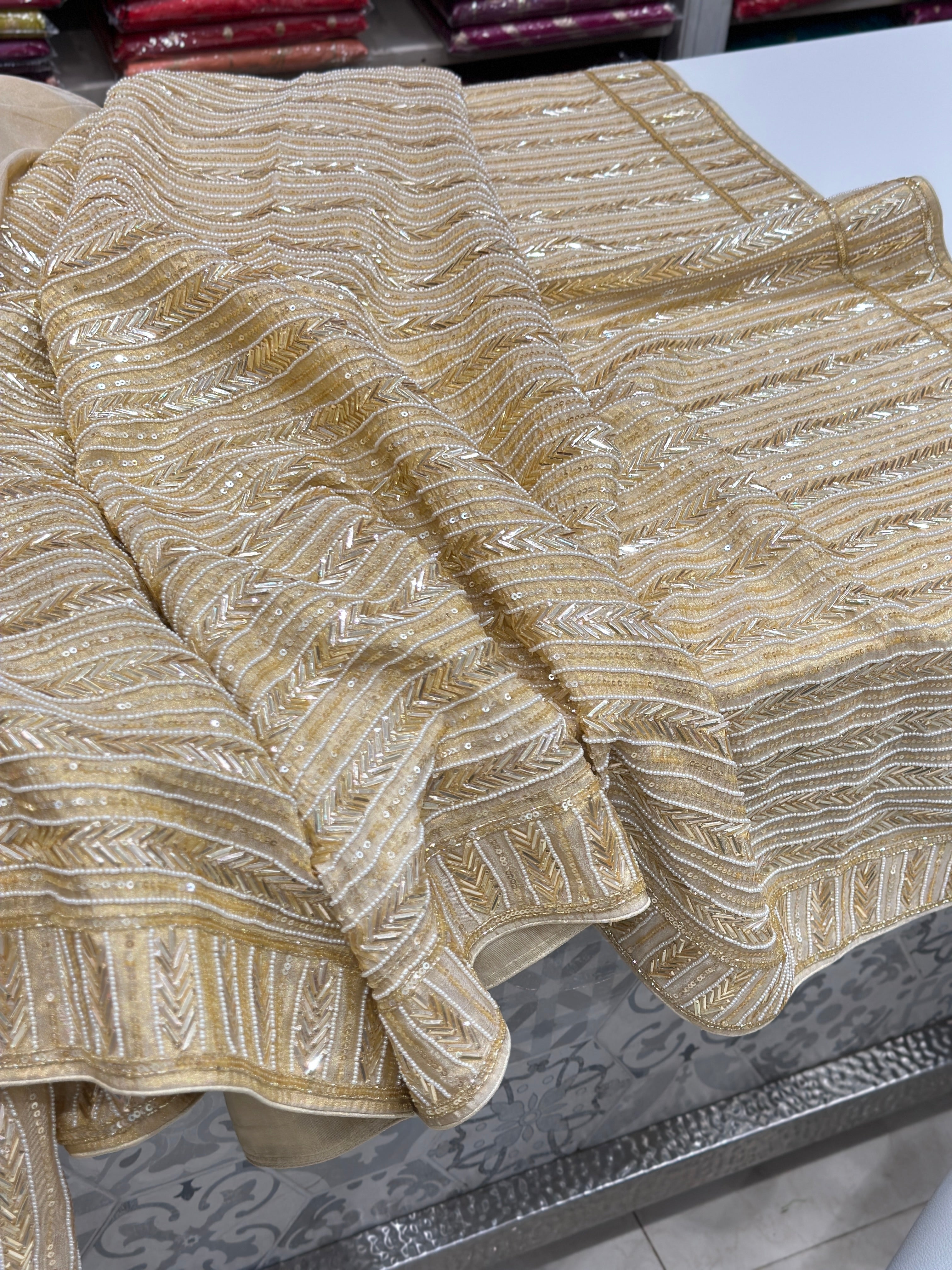 Golden Suhana Khan Inspired Crepe Tissue Hand Embroidery Sequin Saree